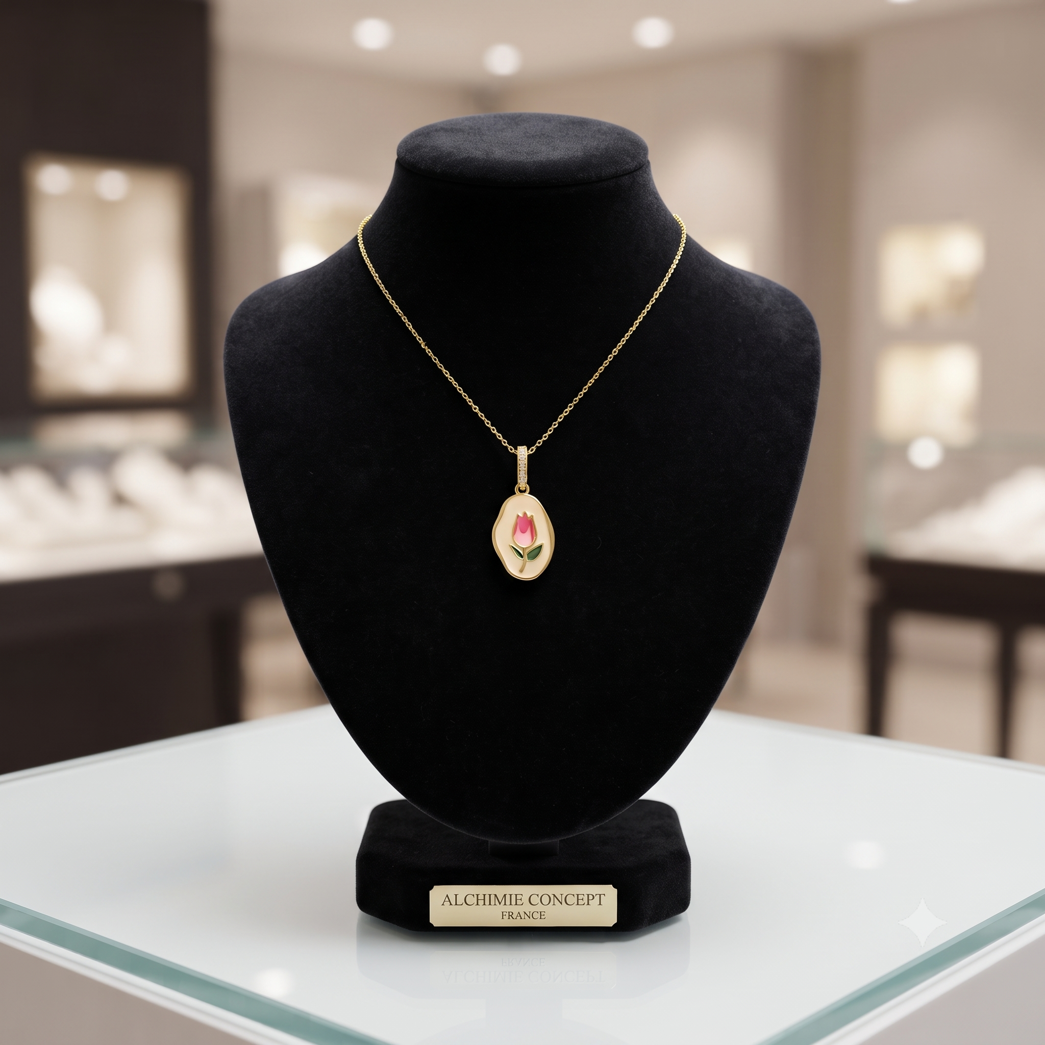 Collier Doré Pendentif Fleur Émail Multicolore Zirconiums – Format Slim 32mm | Bijou Quotidien