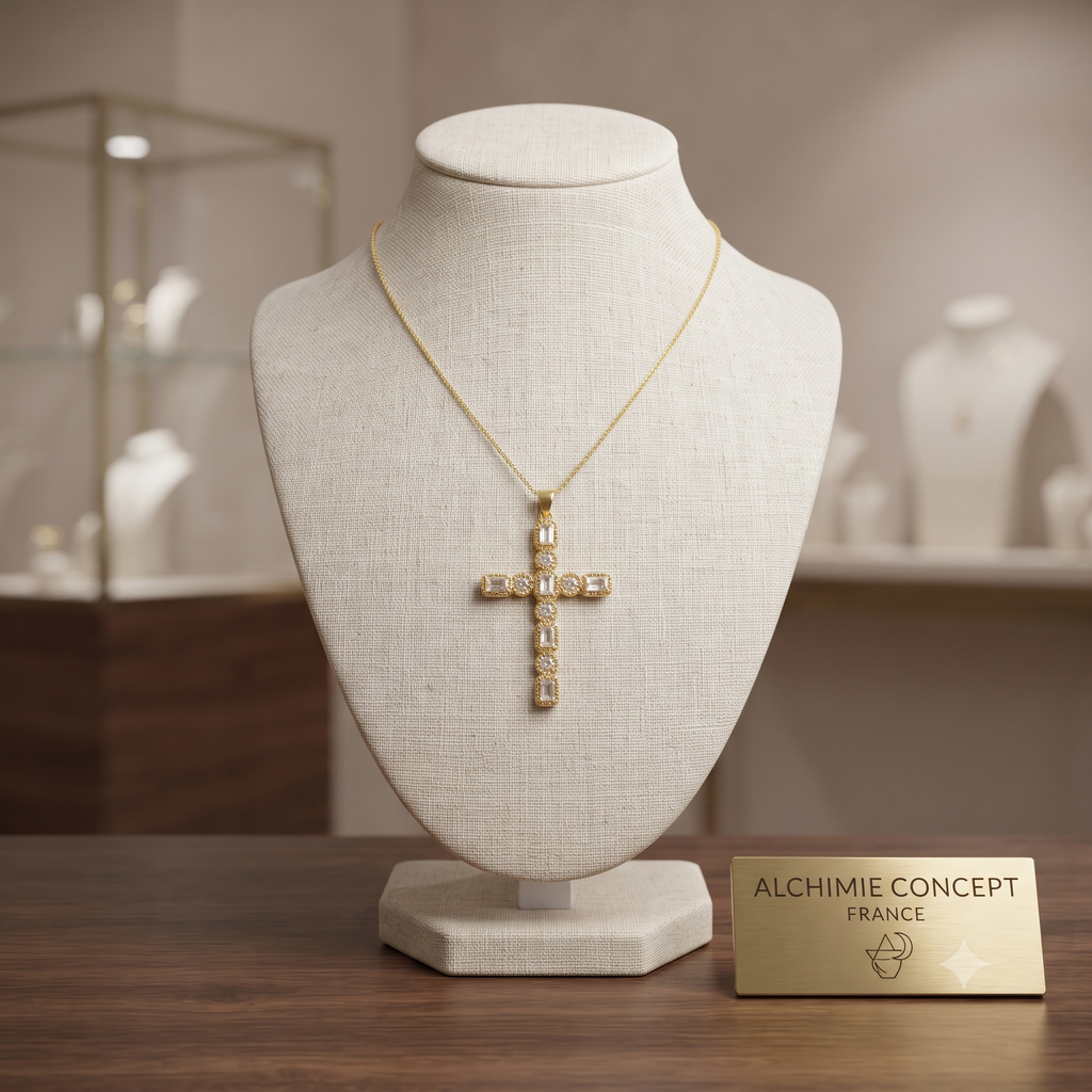 Collier Pendentif Croix Zirconiums Sertis Grand Format – Plaqué Or 1 Micron