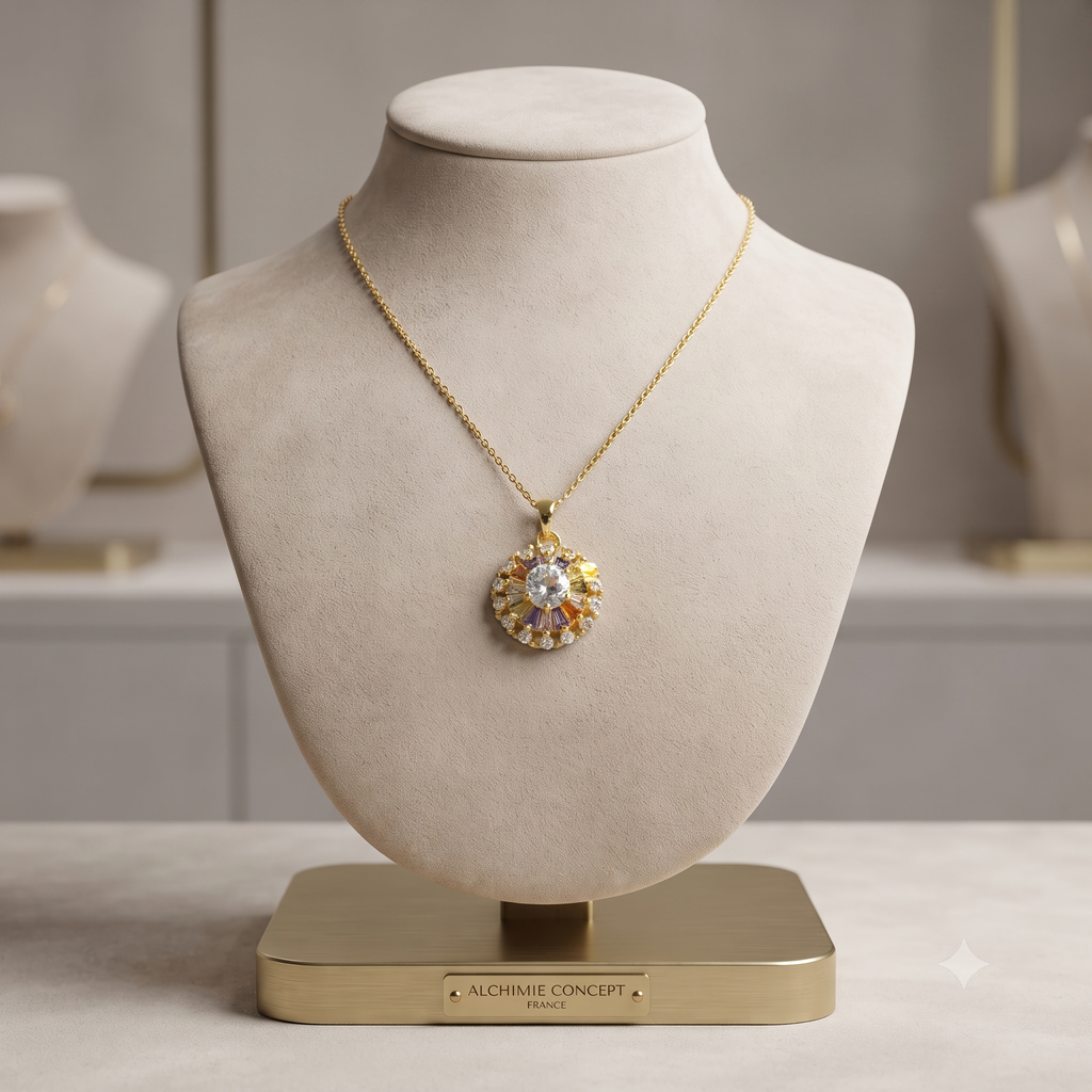 Collier Chaîne Pendentif Rosace Zirconiums Colorés - Doré | Sophistication & Éclat