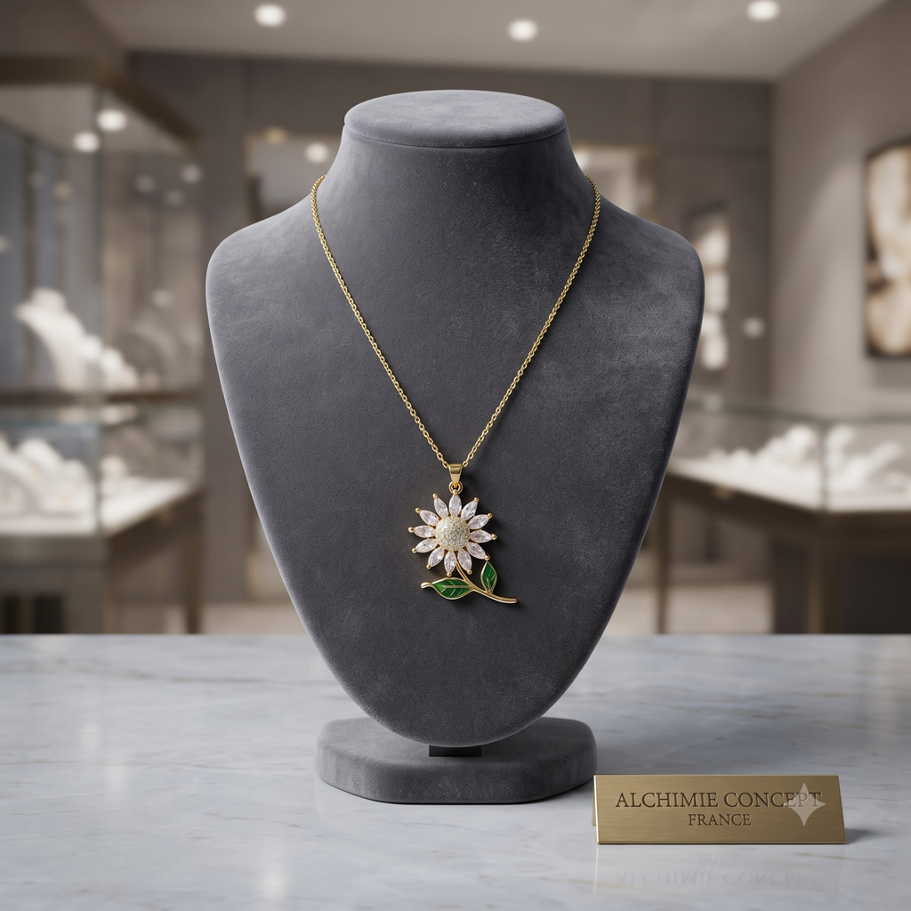 Collier Doré Pendentif Fleur Émail Multicolore Zirconiums – Chaîne 45 cm | Bijou Fantaisie