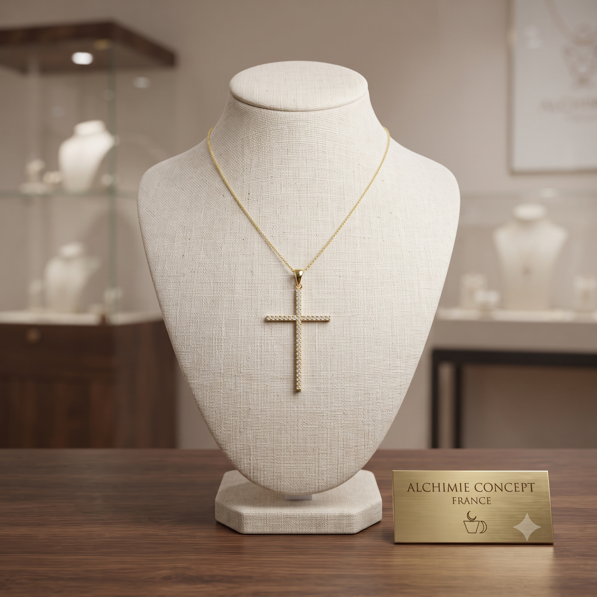 Collier Pendentif Croix Fine Zirconiums Sertis – Plaqué Or 1 Micron