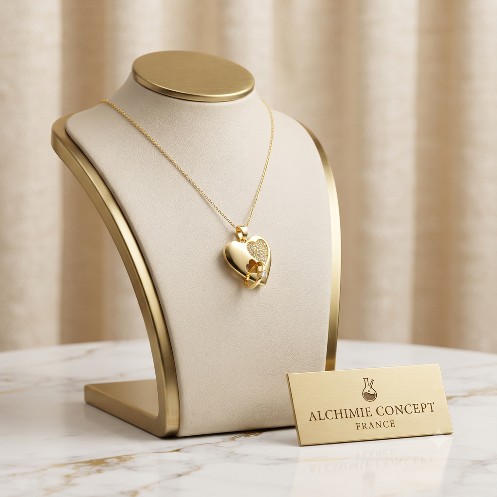Collier Pendentif Cœur & Bague Entrelacée Zirconiums Doré – Plaqué Or 1 Micron