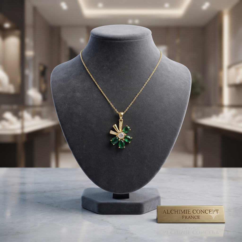 Collier Doré Pendentif Fleur Verte & Zirconiums Scintillants | Bijou Femme Luxe