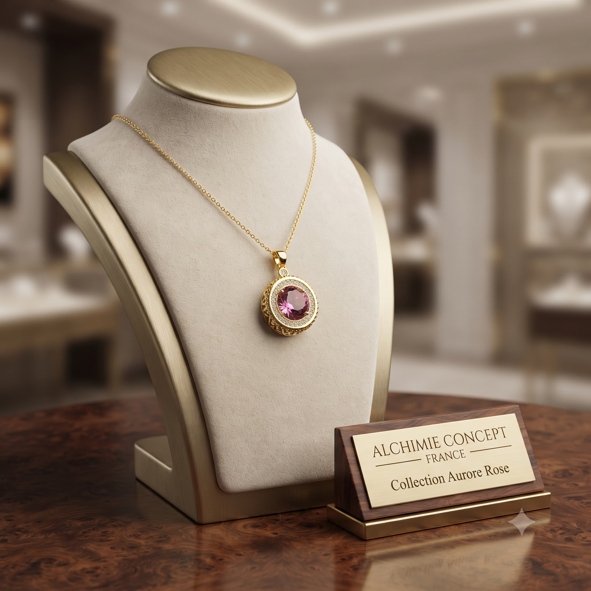 Collier Doré Pendentif Rosace Rose & Zirconiums Sertis – Chaîne 45 cm Plaqué Or 1 Micron