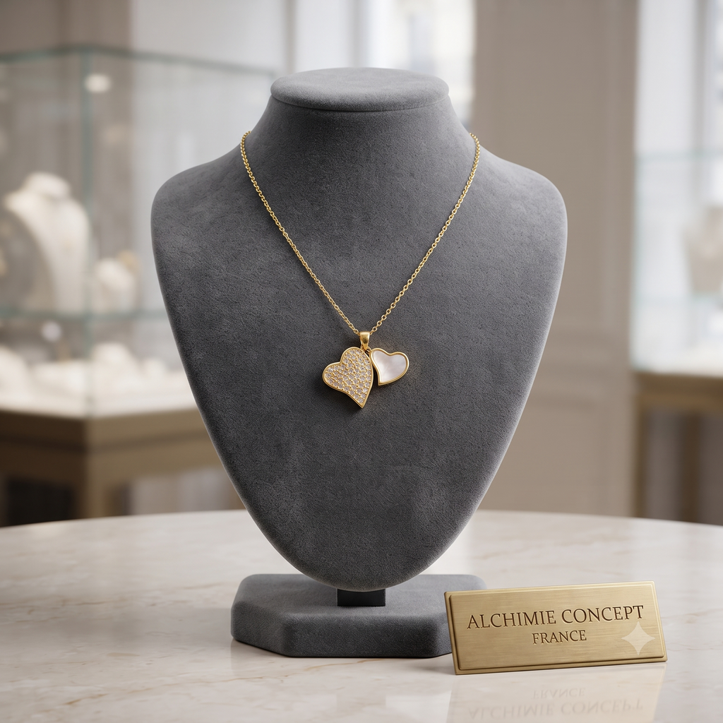Collier Doré Double Cœur Nacre & Zirconiums Étincelants