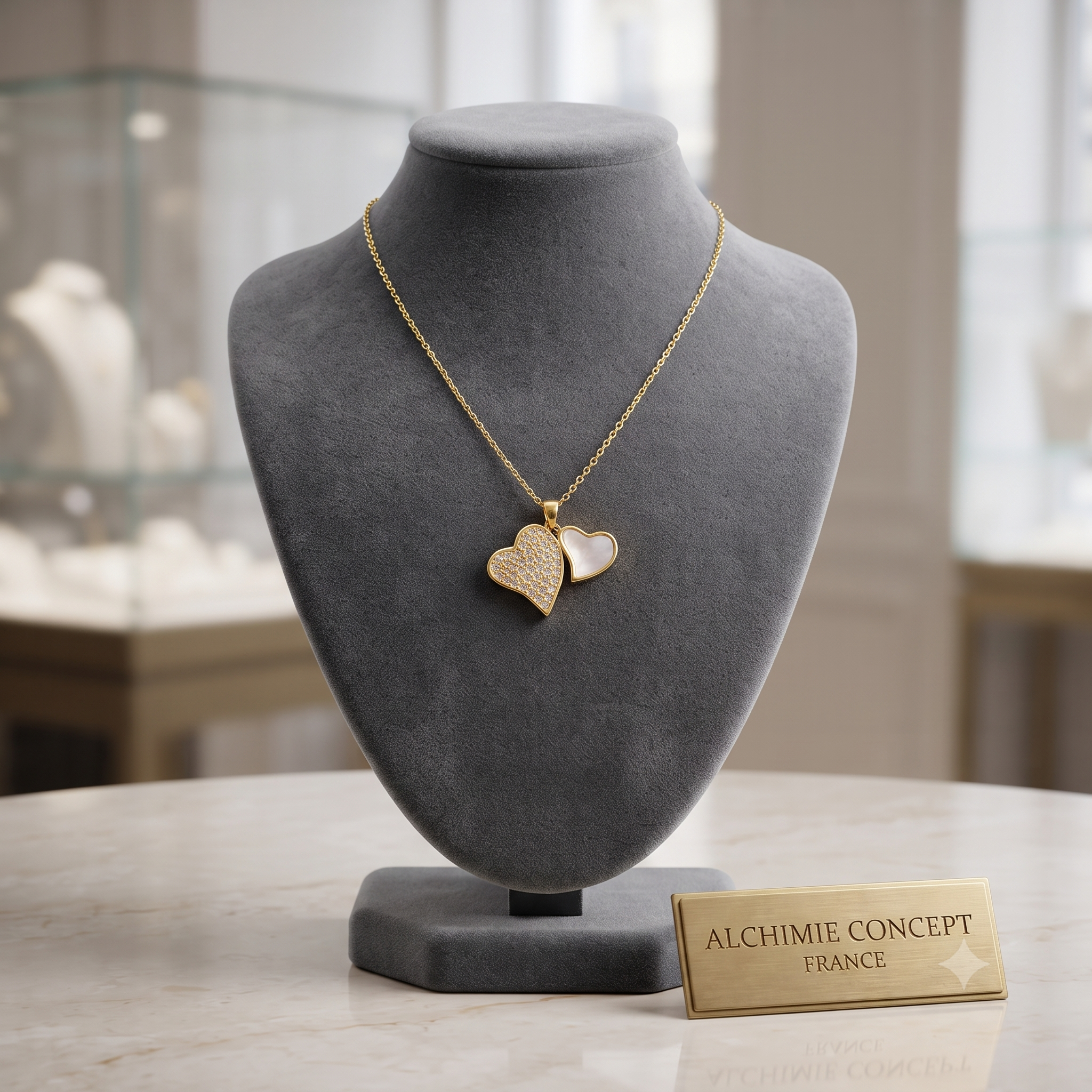 Collier Doré Double Cœur Nacre & Zirconiums Étincelants