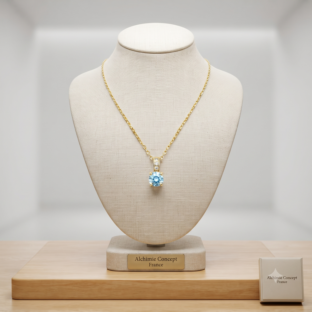 Collier Pendentif Oxyde Bleu & Zirconiums sur Bélière Dorée – Plaqué Or 1 Micron