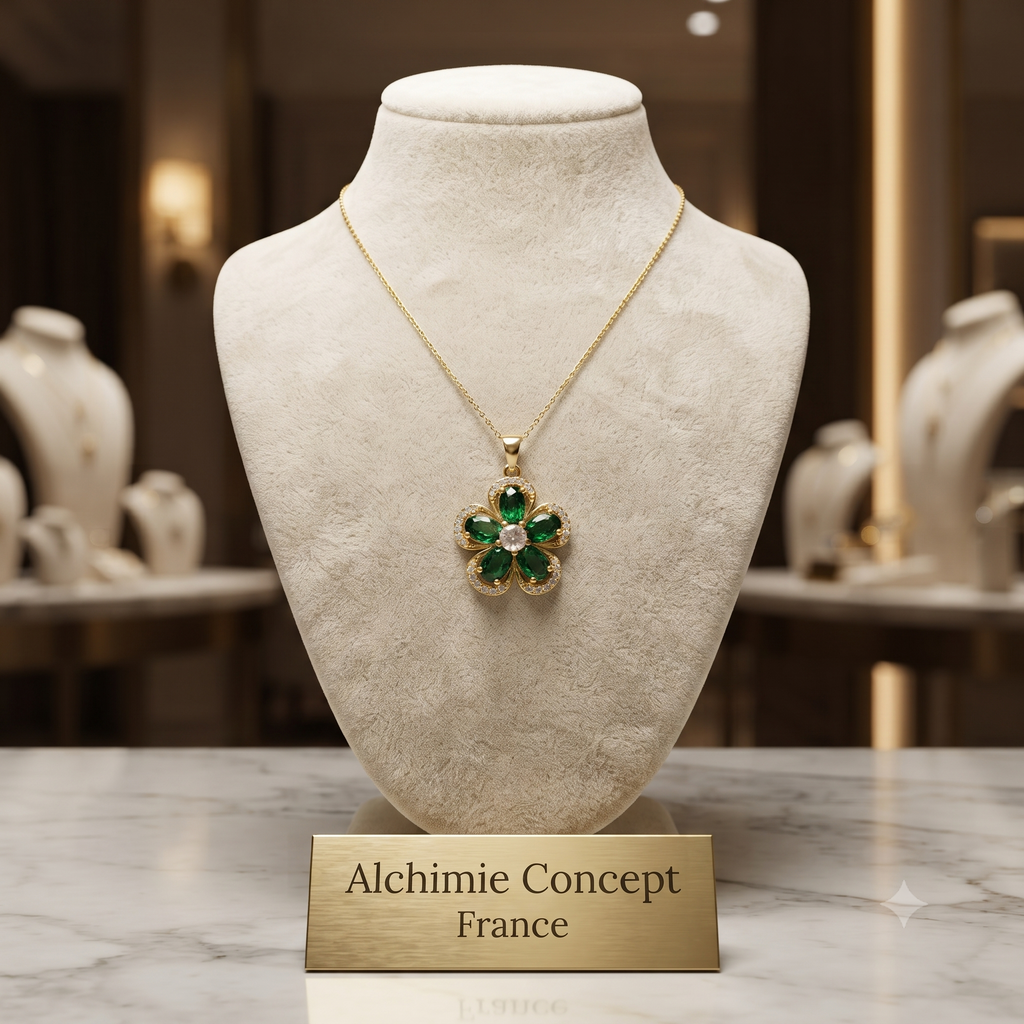 ✨ Collier Doré Pendentif Fleur Verte Zirconiums Sertis | Chaîne 45cm | Plaqué Or 1 Micron