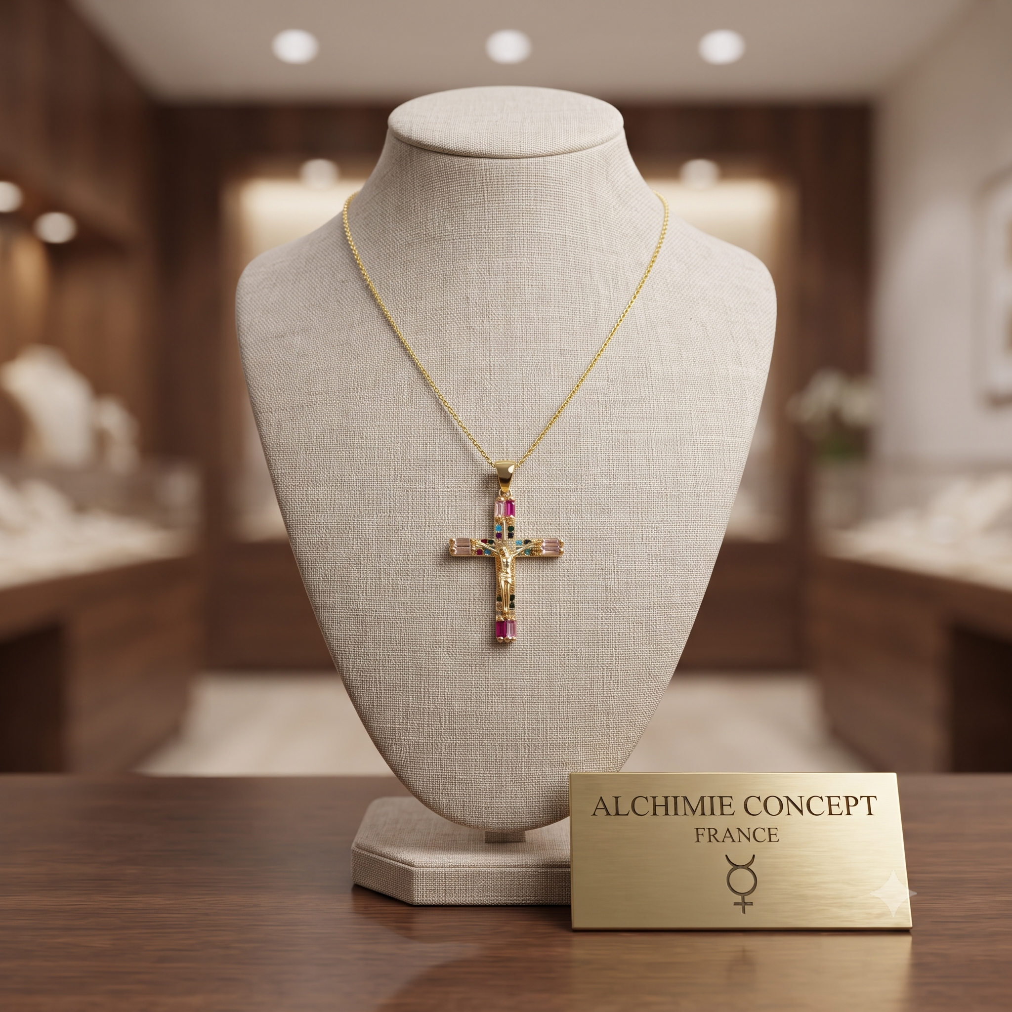 Collier Croix Zirconiums Colorés Sertis – Plaqué Or 1 Micron