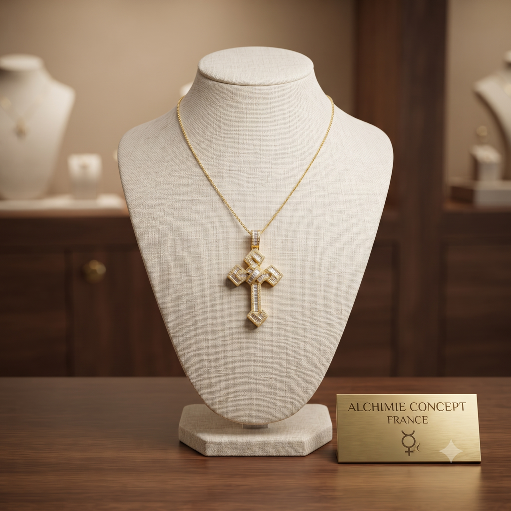 Collier Croix Imposante Zirconiums Sertis – Plaqué Or 1 Micron