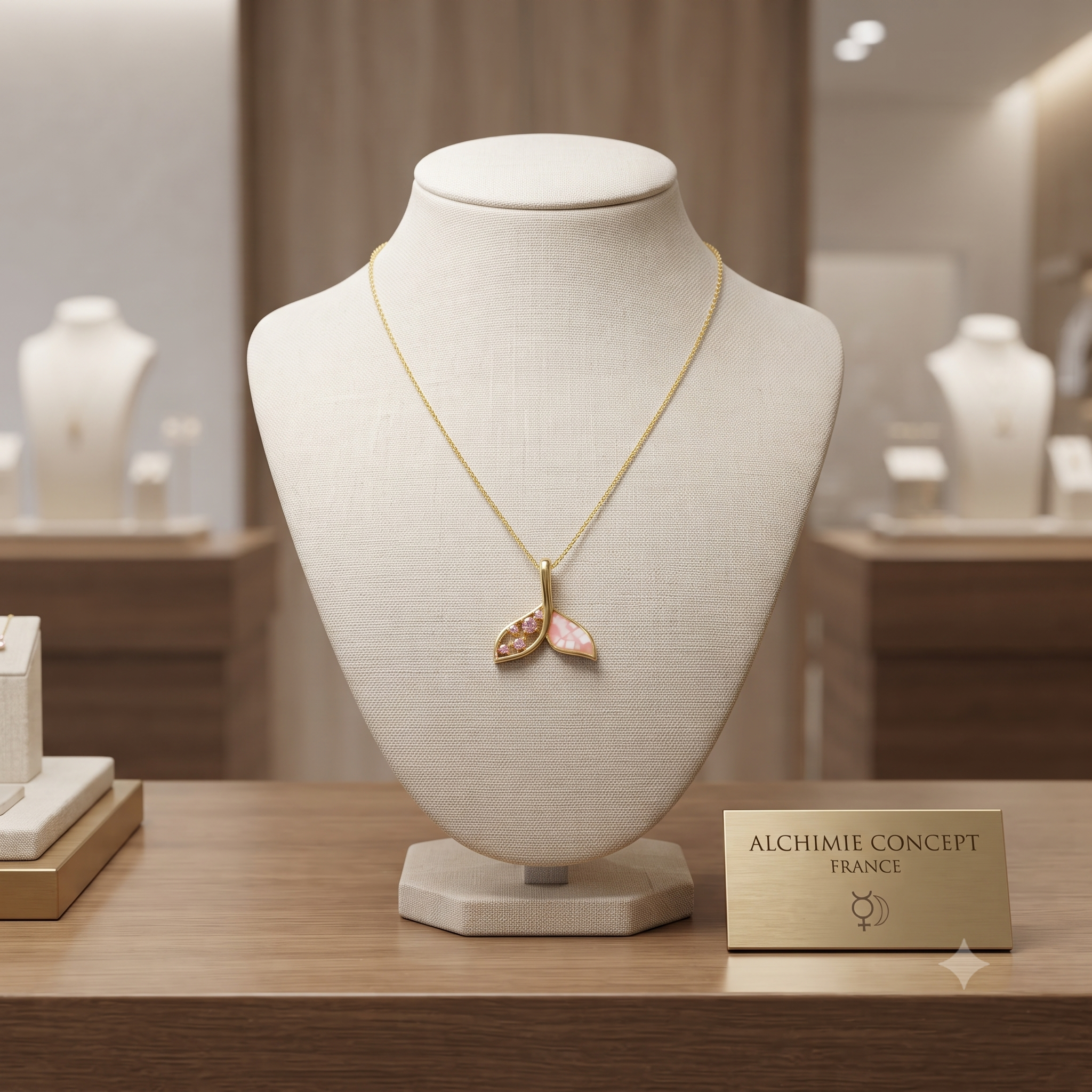 Collier Pendentif Sirène Zirconiums & Nacre Rose Doré – Plaqué Or 1 Micron | Bijou Femme