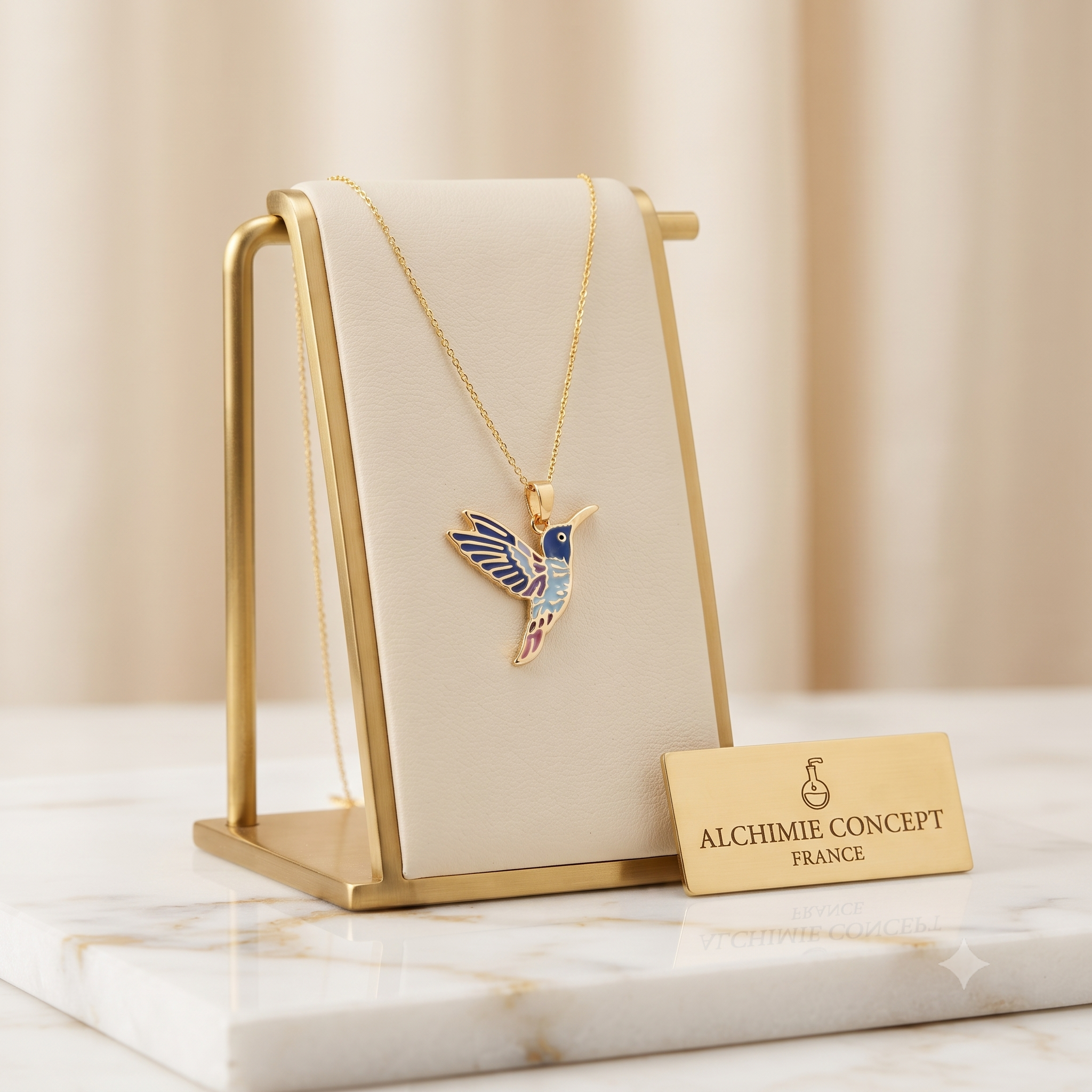 Collier Pendentif Oiseau Émail – Plaqué Or 1 Micron