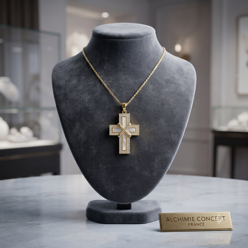 Collier Doré Pendentif Croix Religieuse Nacre & Zirconiums Sertis – Chaîne 45 cm Plaqué Or 1 Micron