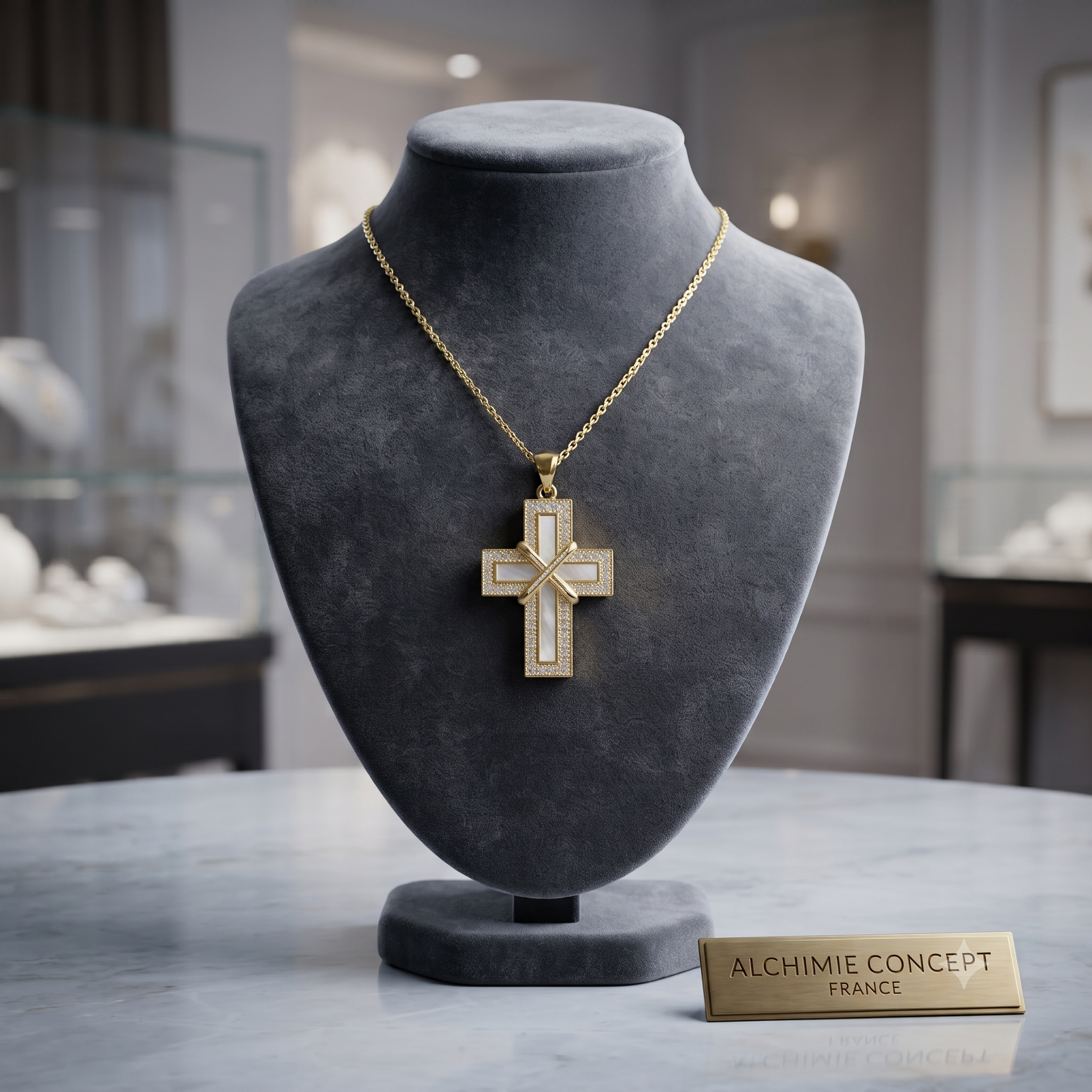 Collier Doré Pendentif Croix Religieuse Nacre & Zirconiums Sertis – Chaîne 45 cm Plaqué Or 1 Micron
