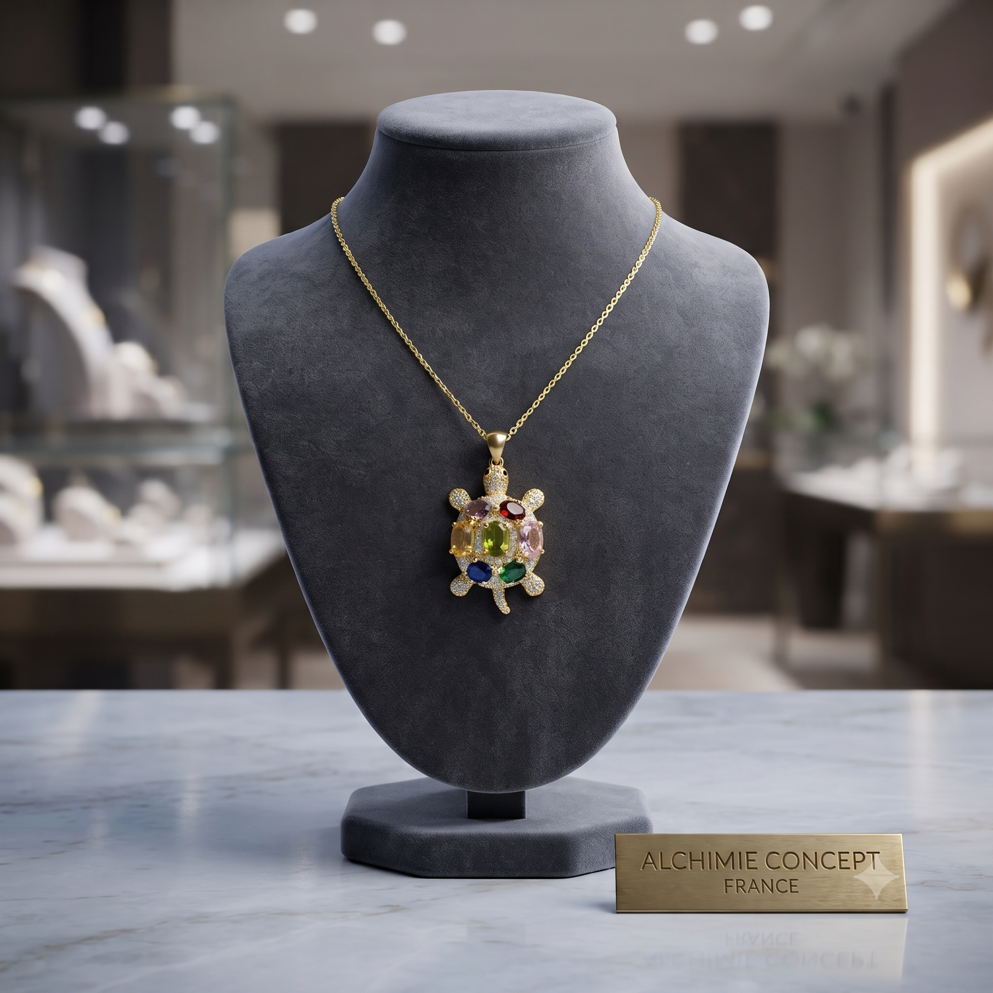 Collier Doré Pendentif Tortue & Zirconiums Colorés Sertis | Bijou Femme Luxe & Nature