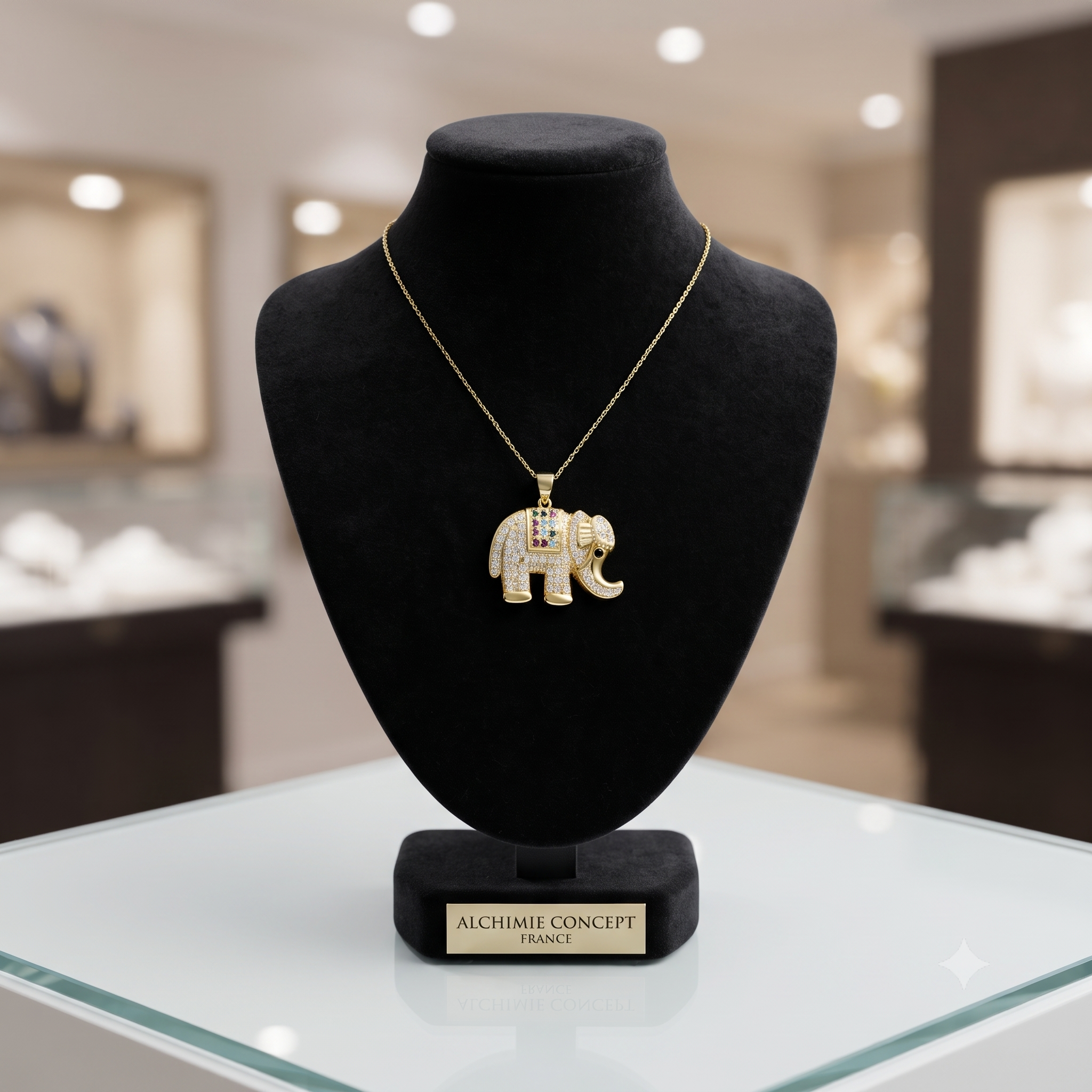 Collier Doré Pendentif Éléphant Zirconiums Multicolores – Chaîne 45 cm | Bijou Original