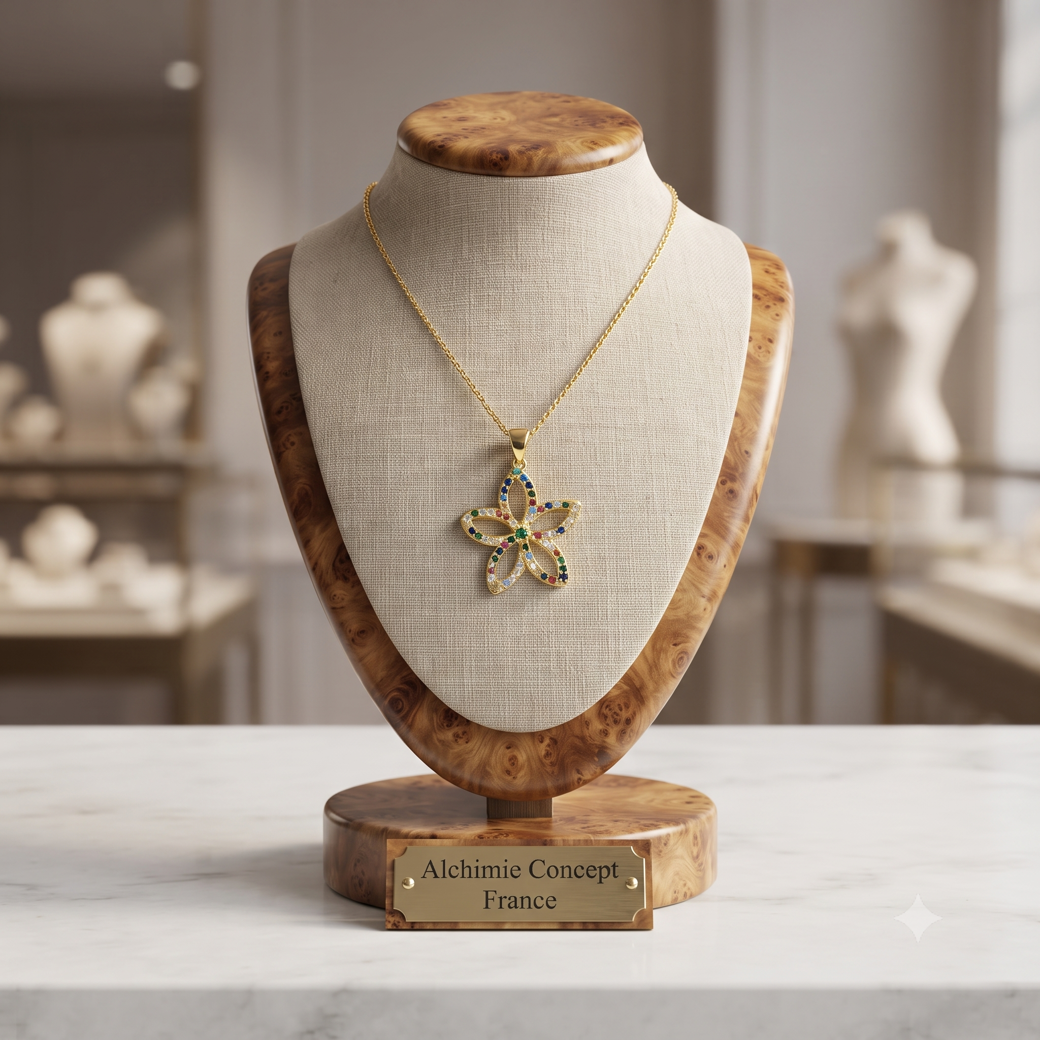 Collier Doré Pendentif Fleurs – Zirconiums Colorés Sertis | Bijou Étincelant