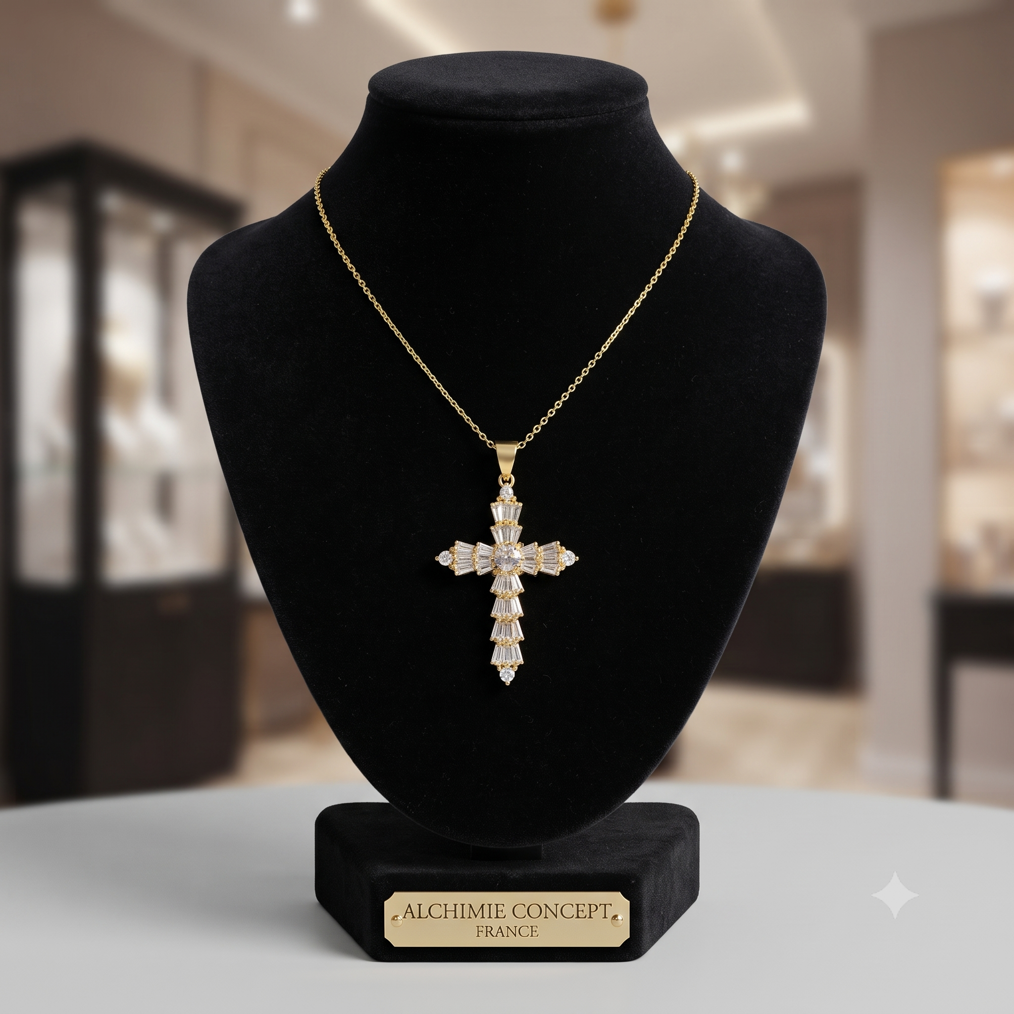 Collier Doré Pendentif Croix Zirconiums – Chaîne 45 cm | Bijou Élégant