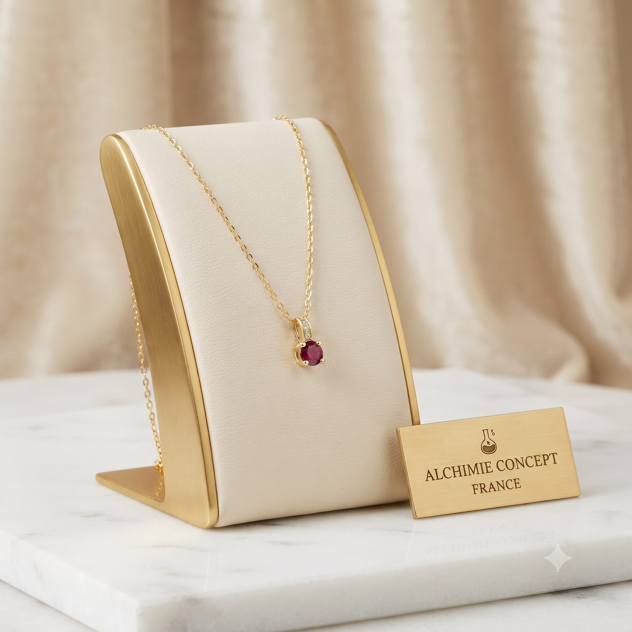 Collier Pendentif Oxyde Rouge & Zirconiums sur Bélière Dorée – Plaqué Or 1 Micron