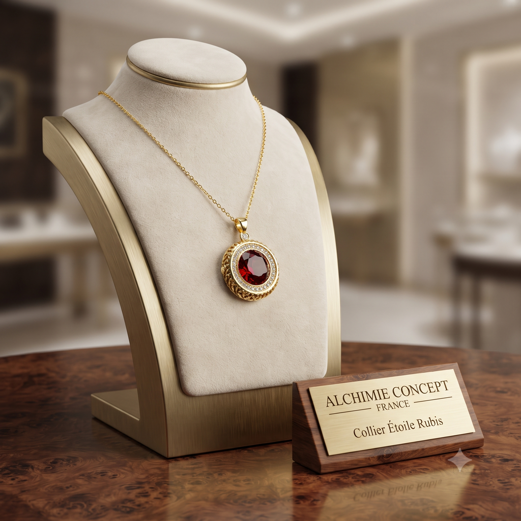 Collier Doré Pendentif Rosace Rouge & Zirconiums Sertis | Bijou de Luxe