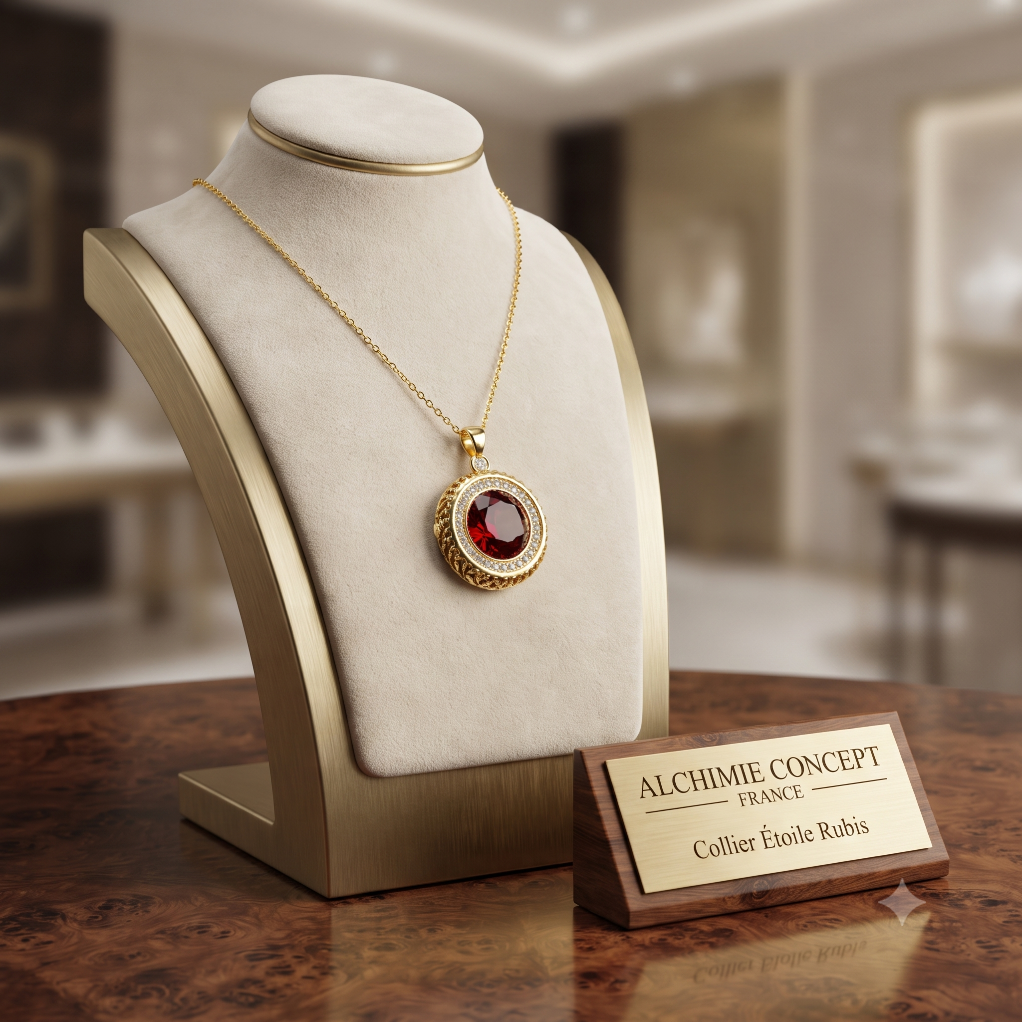 Collier Doré Pendentif Rosace Rouge & Zirconiums Sertis | Bijou de Luxe