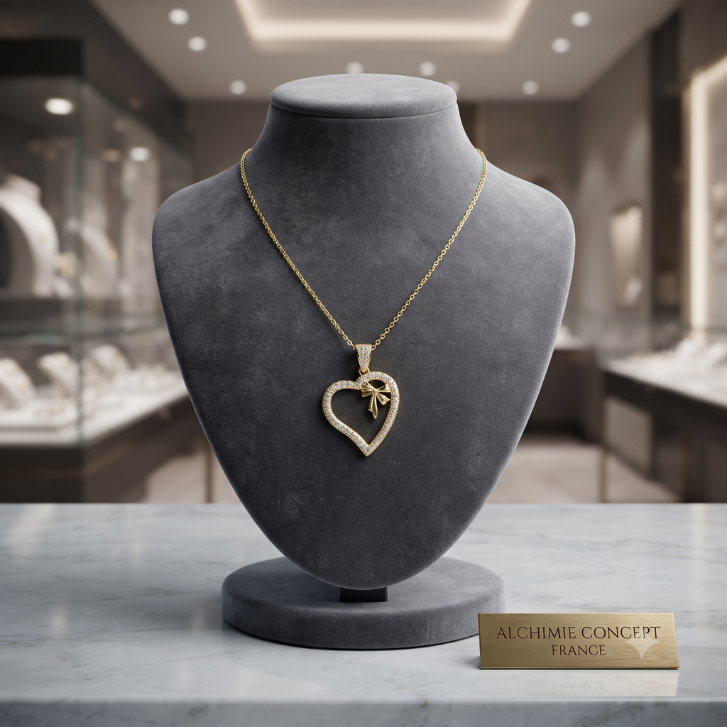 Collier Doré Pendentif Cœur Ruban Zirconiums – Chaîne 45 cm | Bijou Romantique