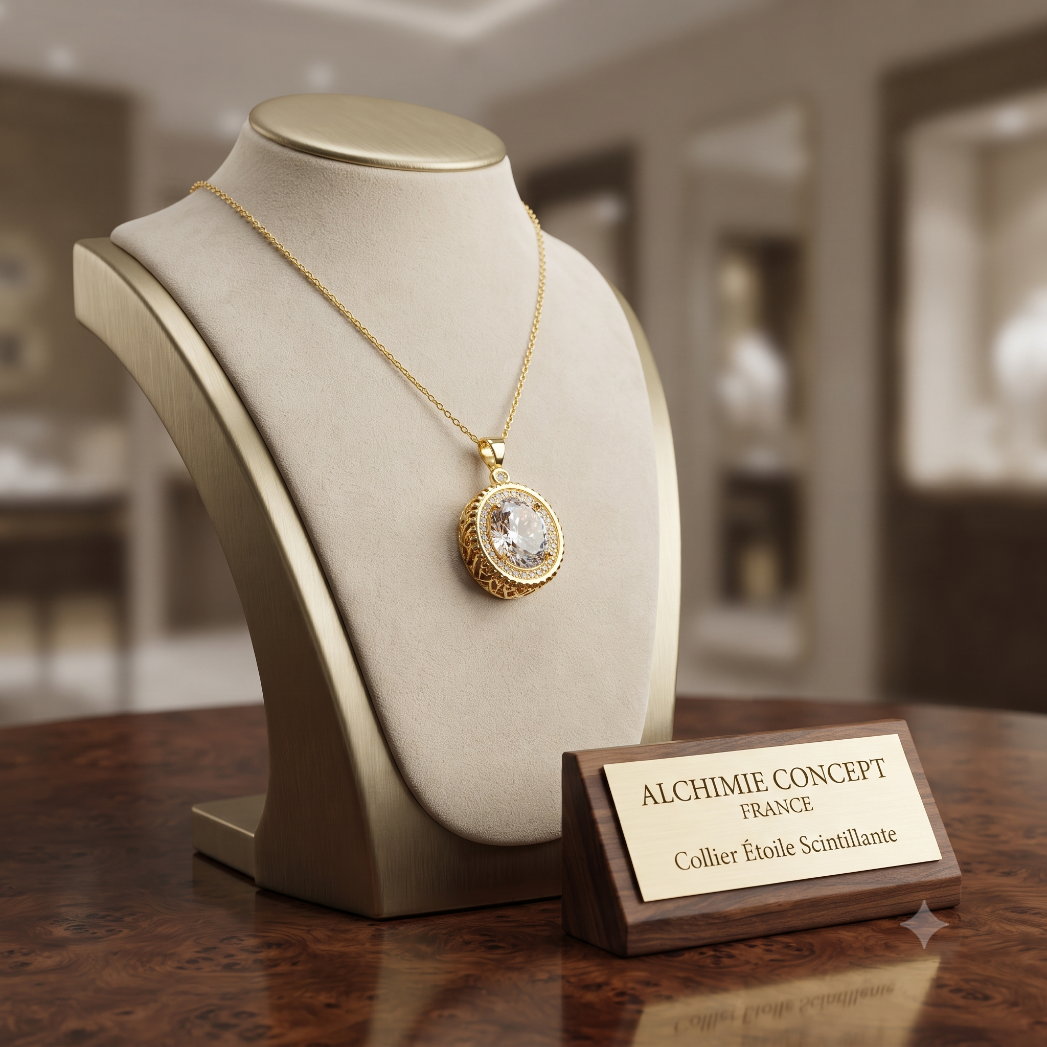 Collier Doré Pendentif Rosace Blanche & Zirconiums Sertis – Chaîne 45 cm Plaqué Or 1 Micron