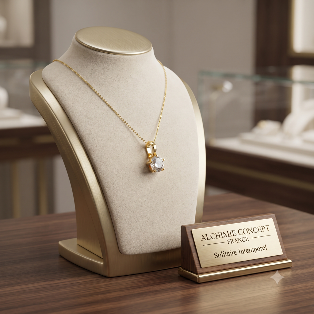 Collier Doré Pendentif Solitaire Zirconium Blanc Serti | Chaîne 45 cm