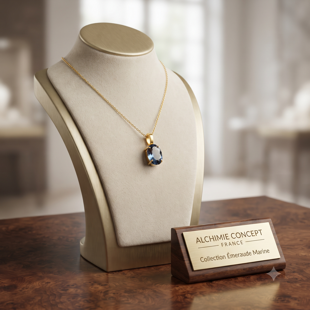 Collier Doré Pendentif Solitaire Zirconium Bleu Serti | Chaîne 45 cm