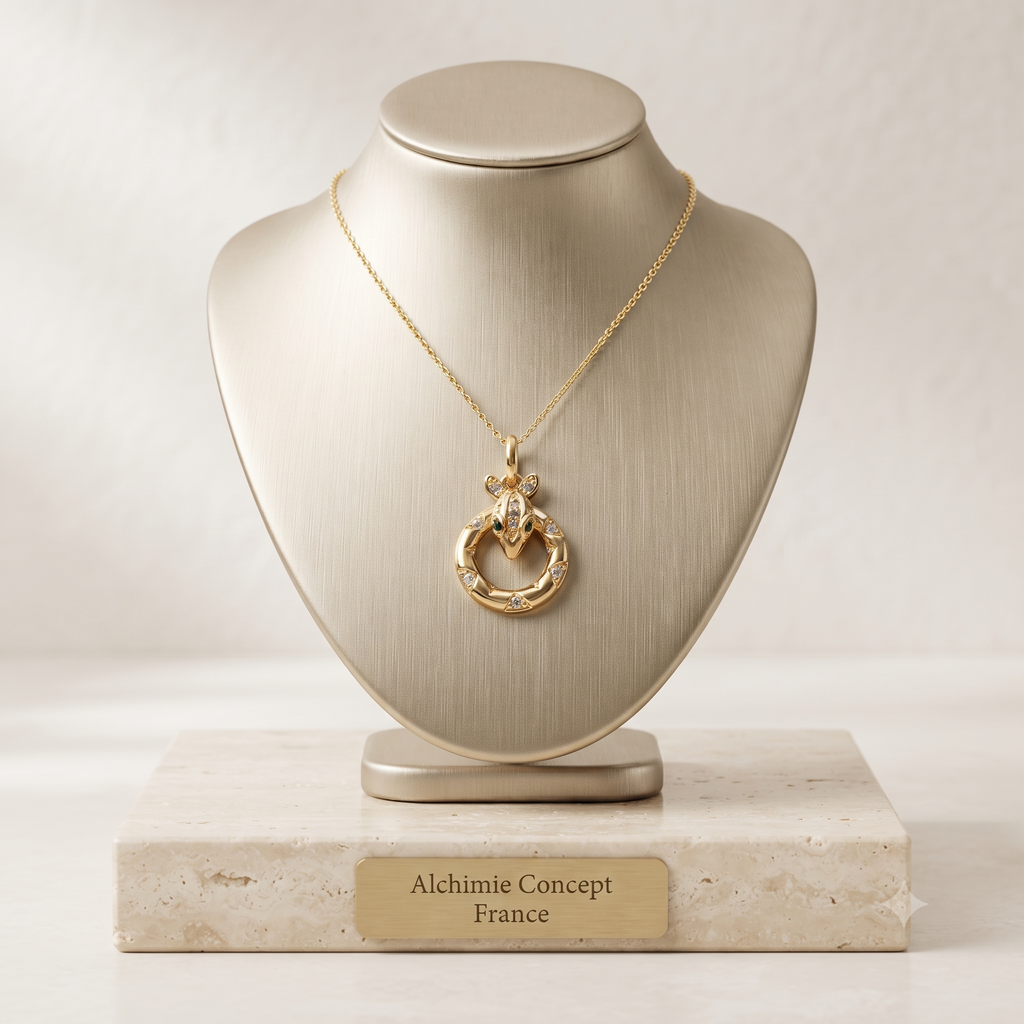 Collier Pendentif Serpent Lignes Épurées Zirconiums Blancs Doré – Plaqué Or 1 Micron