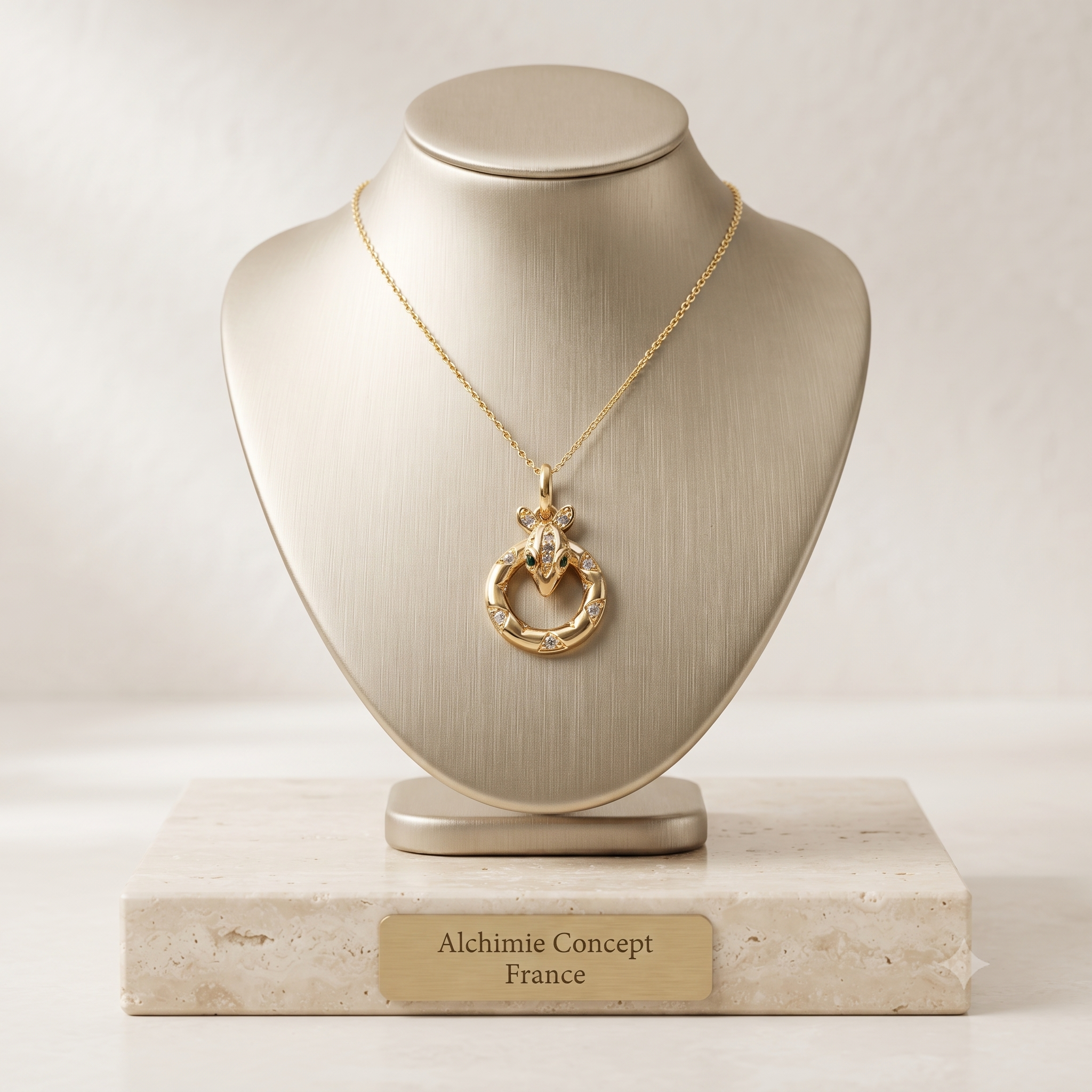 Collier Pendentif Serpent Lignes Épurées Zirconiums Blancs Doré – Plaqué Or 1 Micron