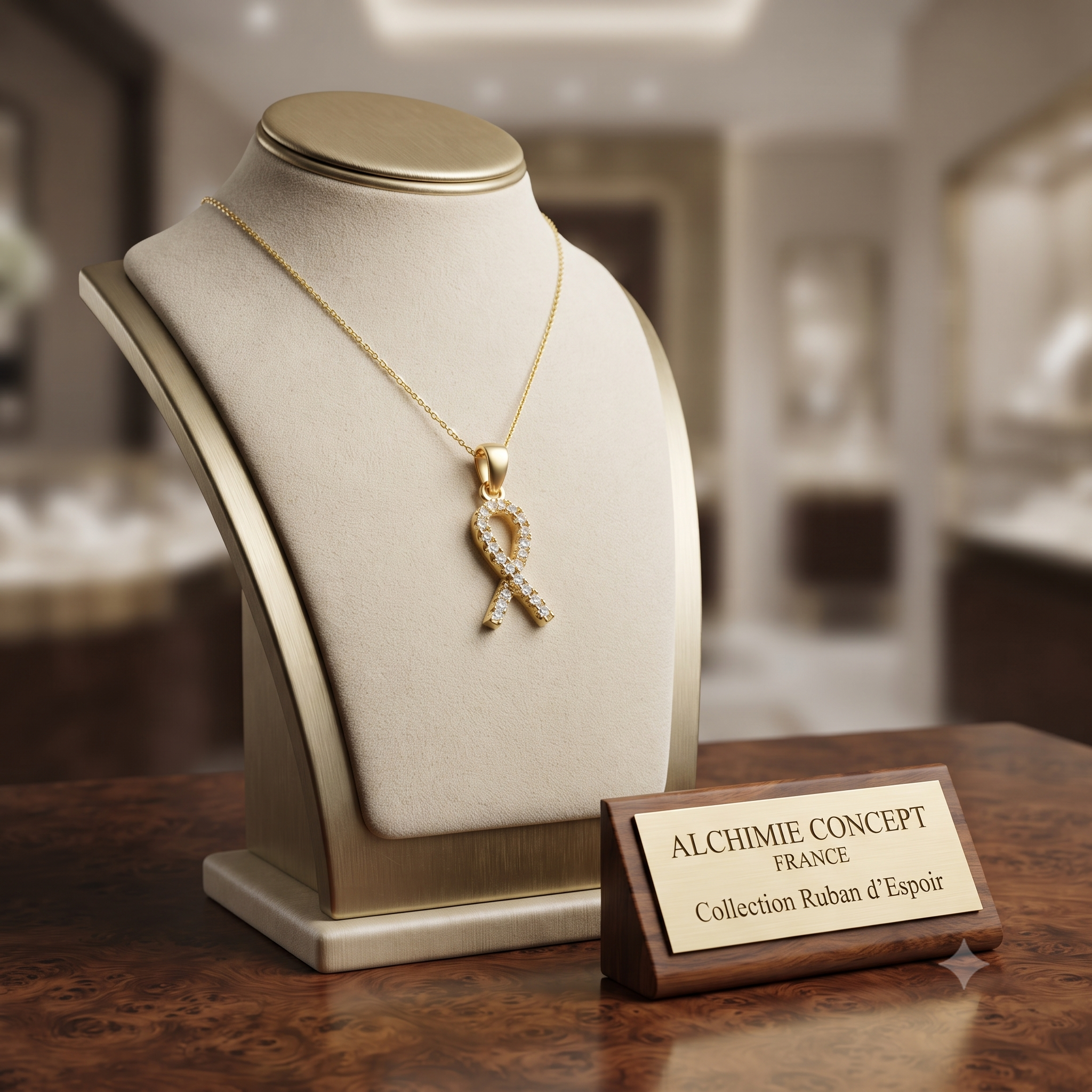 Collier Doré Pendentif Ruban Rouge Lutte contre le Sida & Zirconiums Sertis – Chaîne 45 cm Plaqué Or 1 Micron