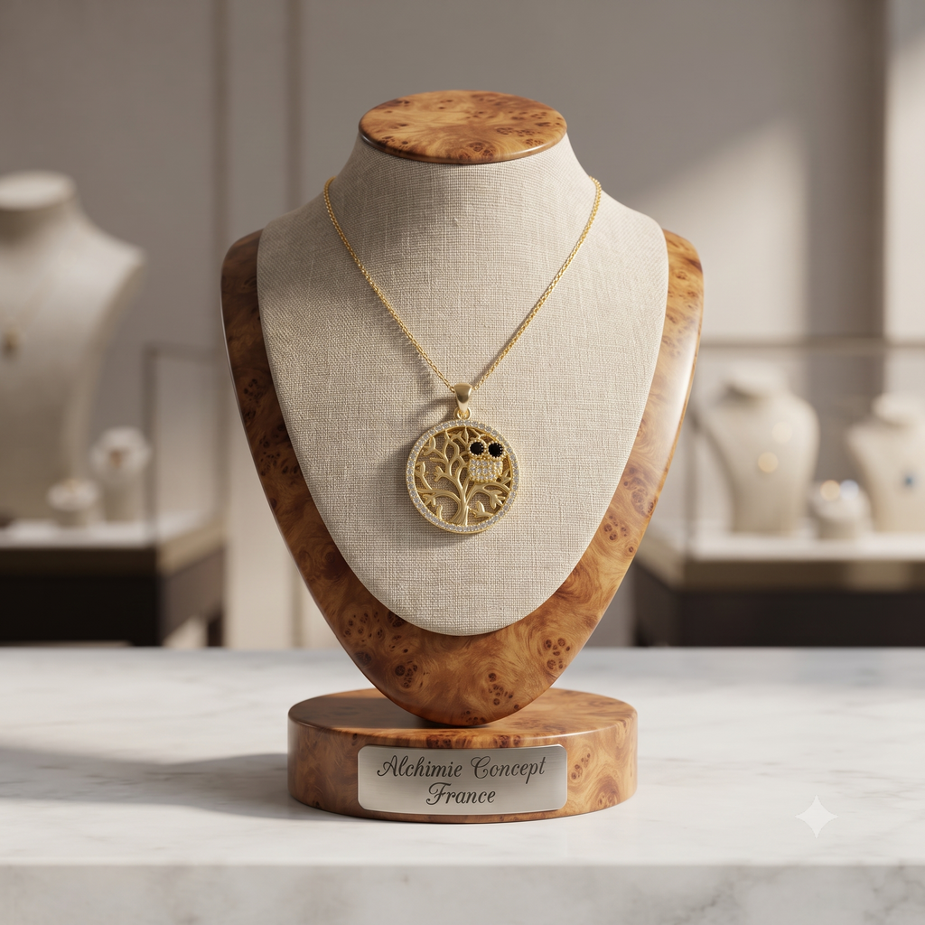 Collier Doré Chouette & Arbre de Vie – Zirconiums Sertis | Sagesse & Élégance