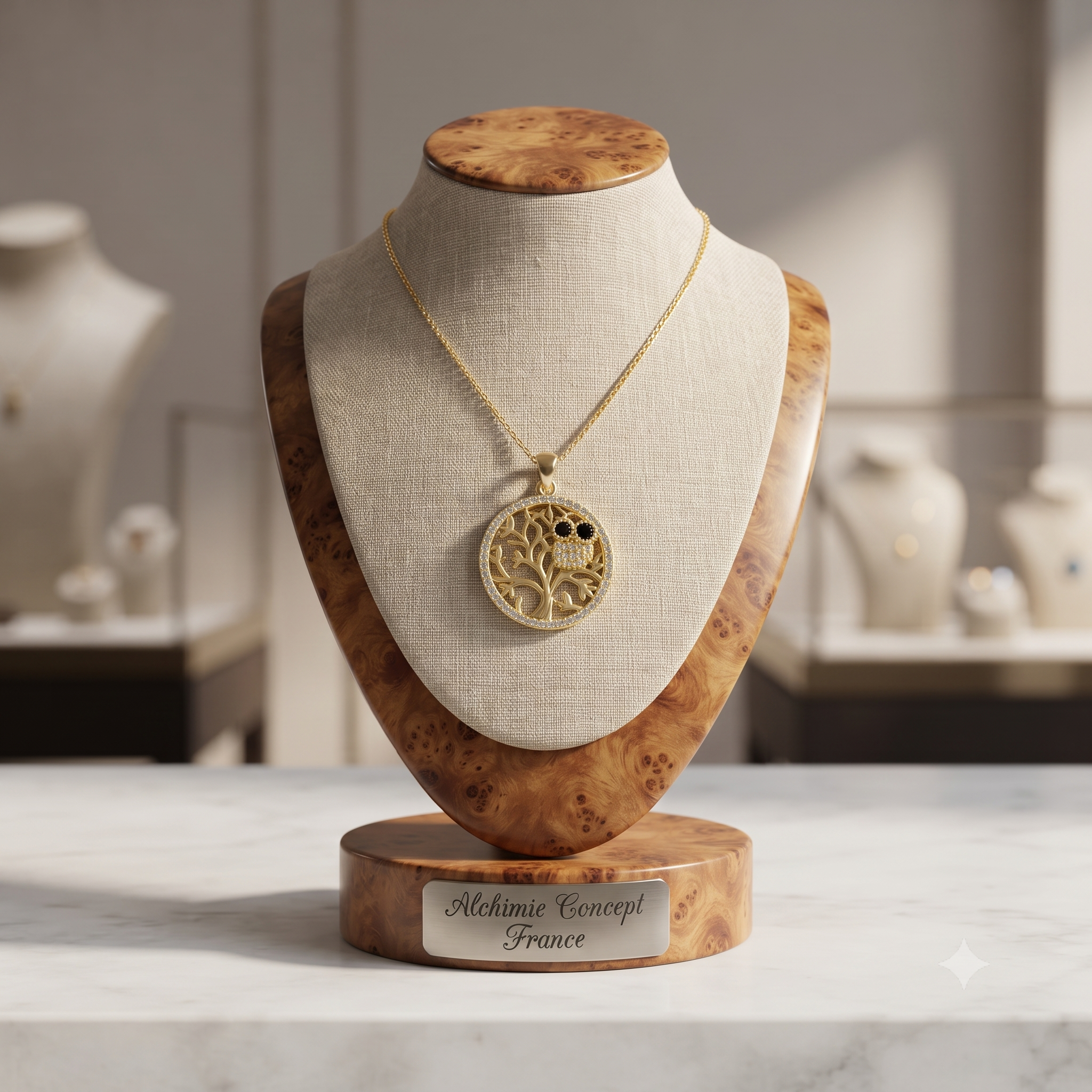 Collier Doré Chouette & Arbre de Vie – Zirconiums Sertis | Sagesse & Élégance