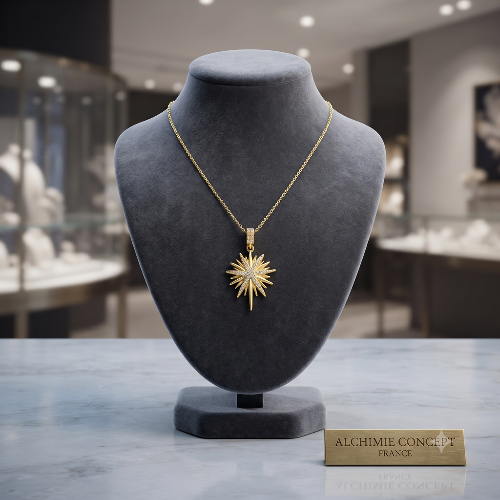 Collier Doré Pendentif Étoile du Nord & Zirconiums Sertis | Bijou Femme Élégant