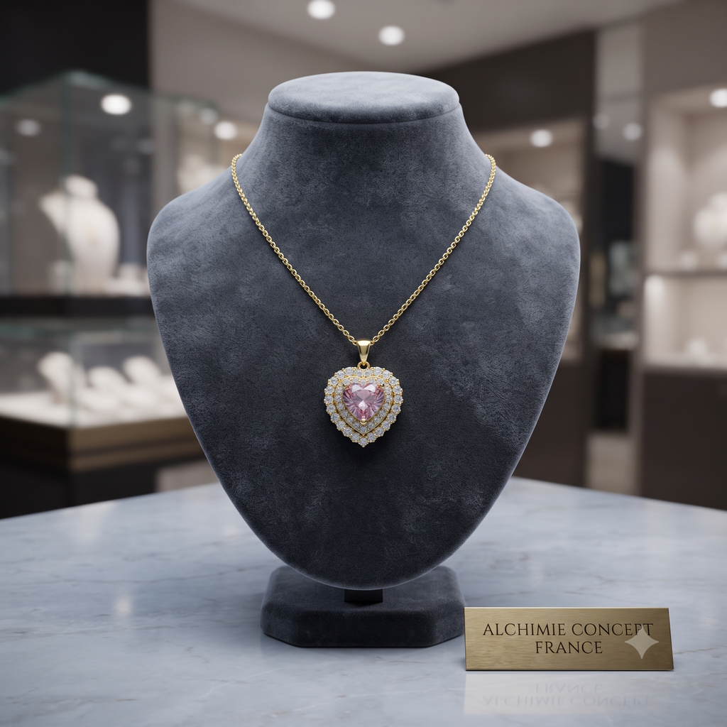 Collier Doré Joli Cœur Rose & Zirconiums Étincelants | Bijou Femme Romantique