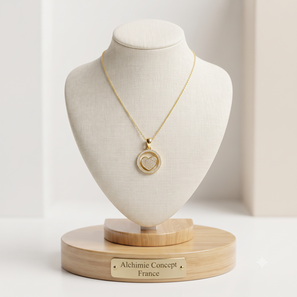 Collier Pendentif Cœur Cercle Zirconiums Sertis Doré – Plaqué Or 1 Micron