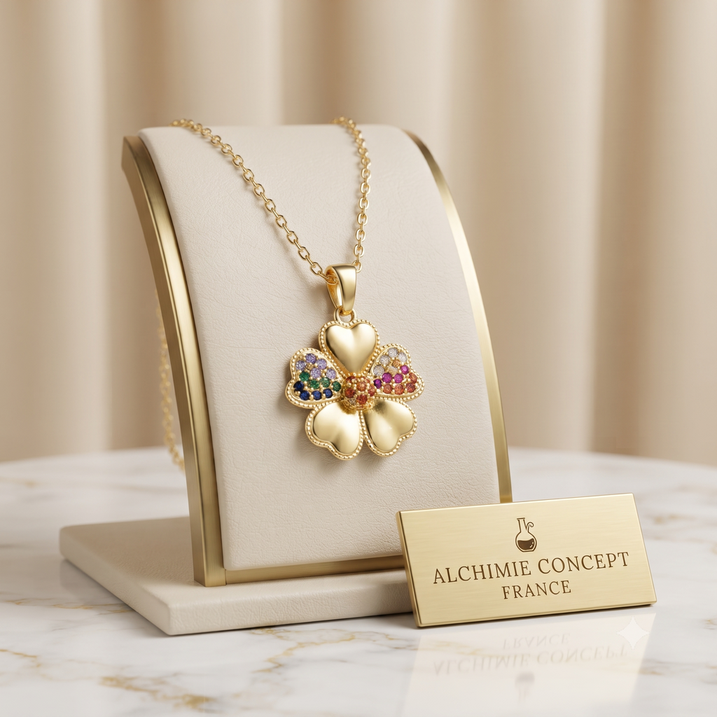 Collier Pendentif Fleur Zirconiums Multicolores Doré – Plaqué Or 1 Micron