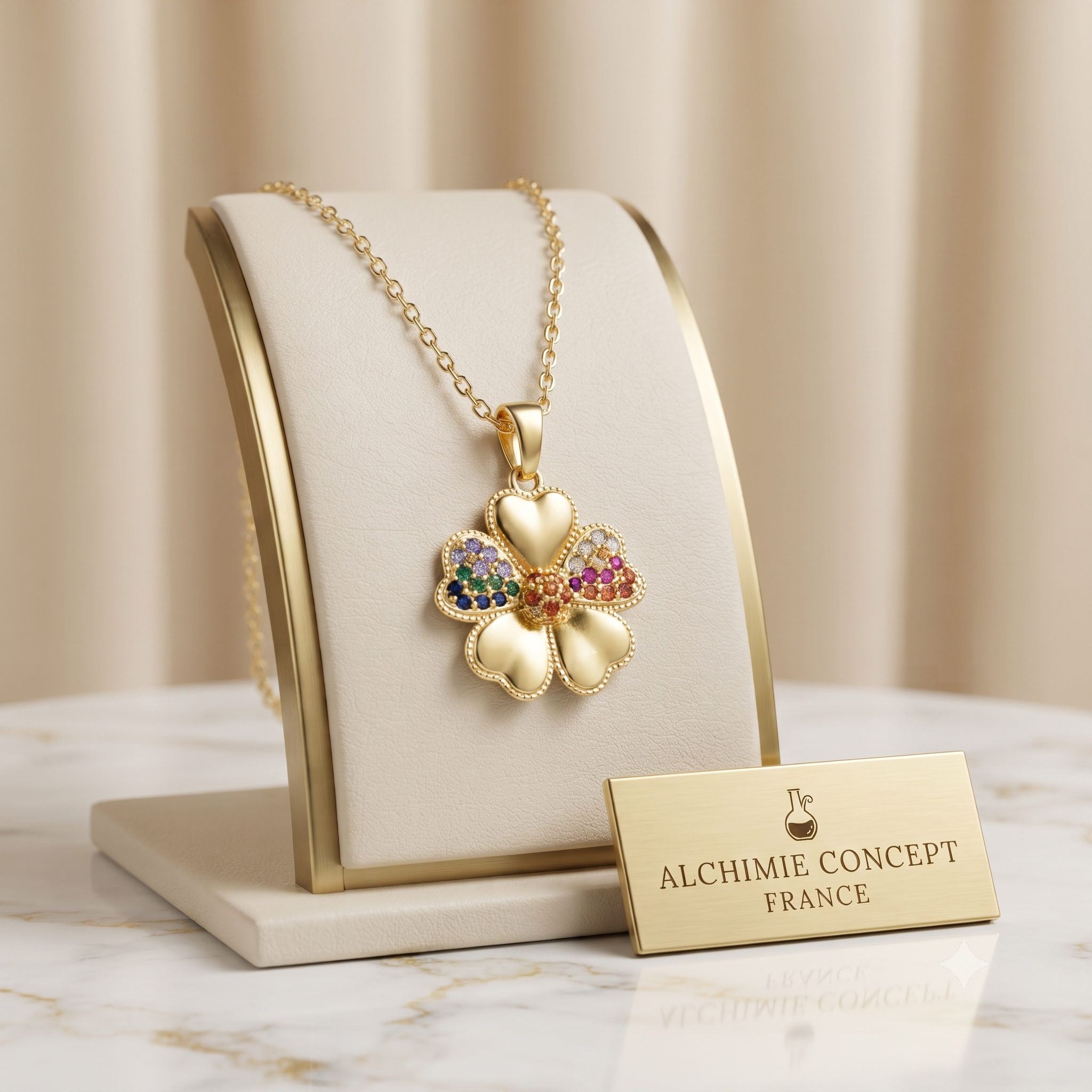 Collier Pendentif Fleur Zirconiums Multicolores Doré – Plaqué Or 1 Micron