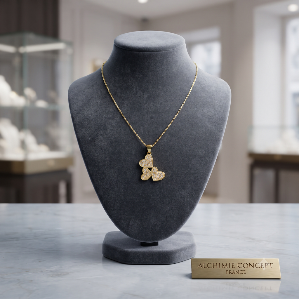 Collier Doré Pendentif Trio de Cœurs Zirconiums – Chaîne 45 cm | Bijou Romantique