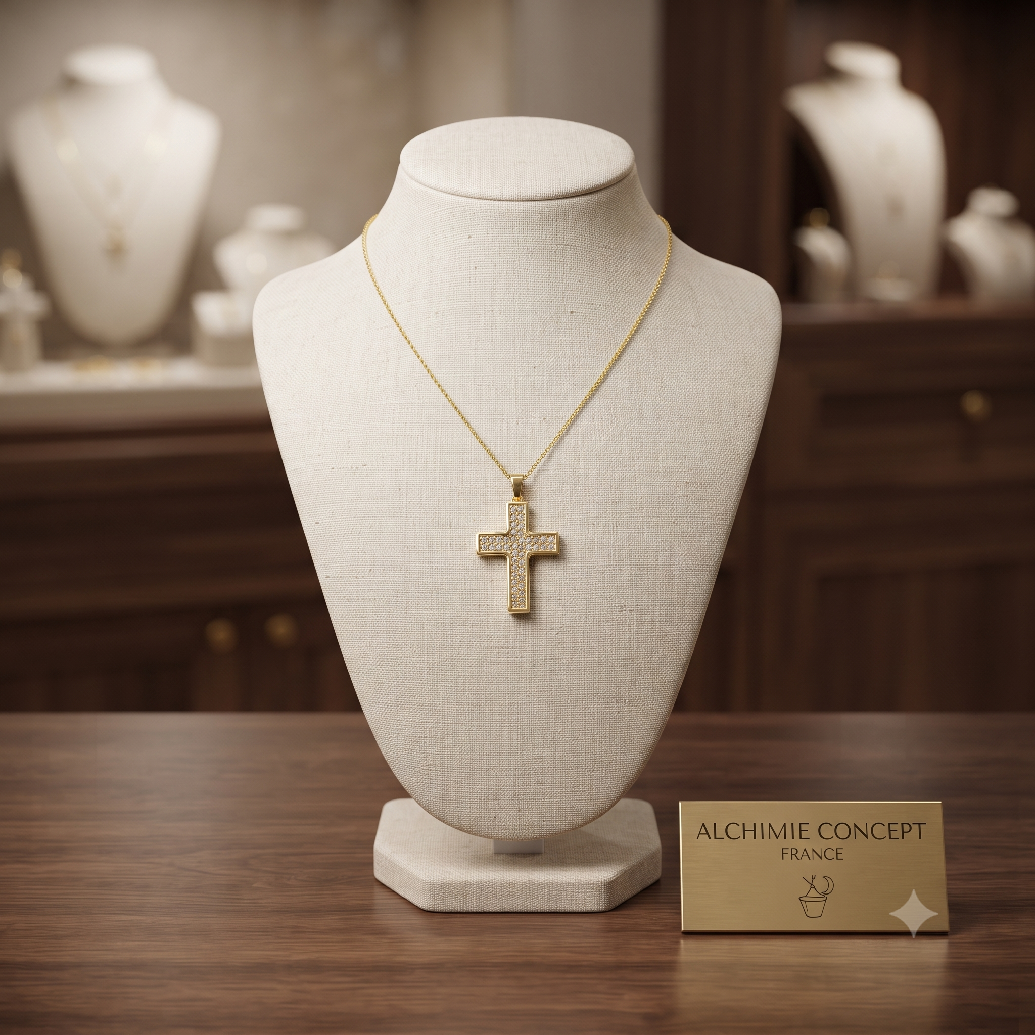 Collier Pendentif Croix Zirconiums Éblouissants Sertis – Plaqué Or 1 Micron