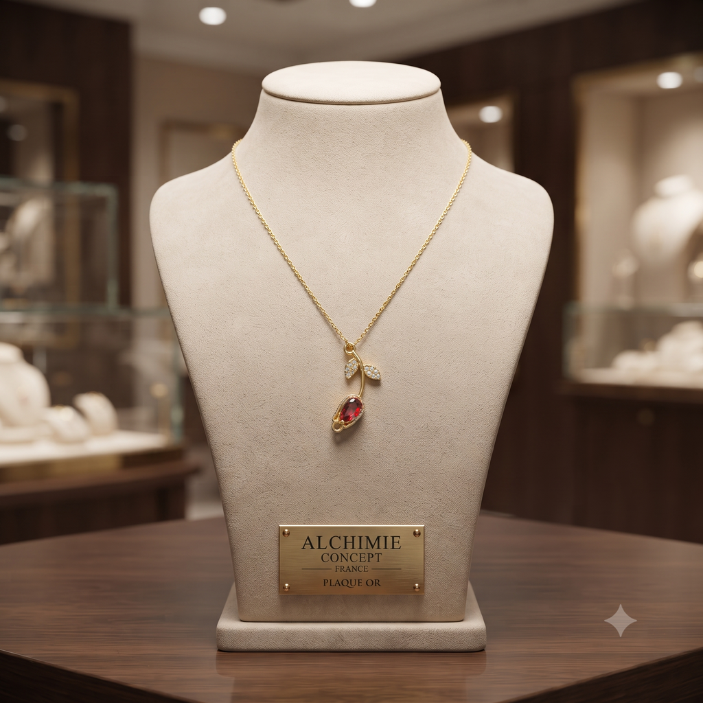 Collier Chaîne Pendentif Fleur Zirconiums Sertis Rouge - Doré | Passion & Éclat