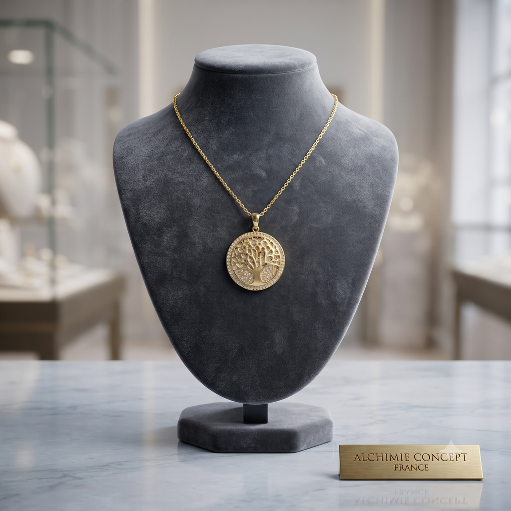 Collier Doré Pendentif Arbre de Vie & Zirconiums Sertis | Bijou Symbole Force & Sagesse