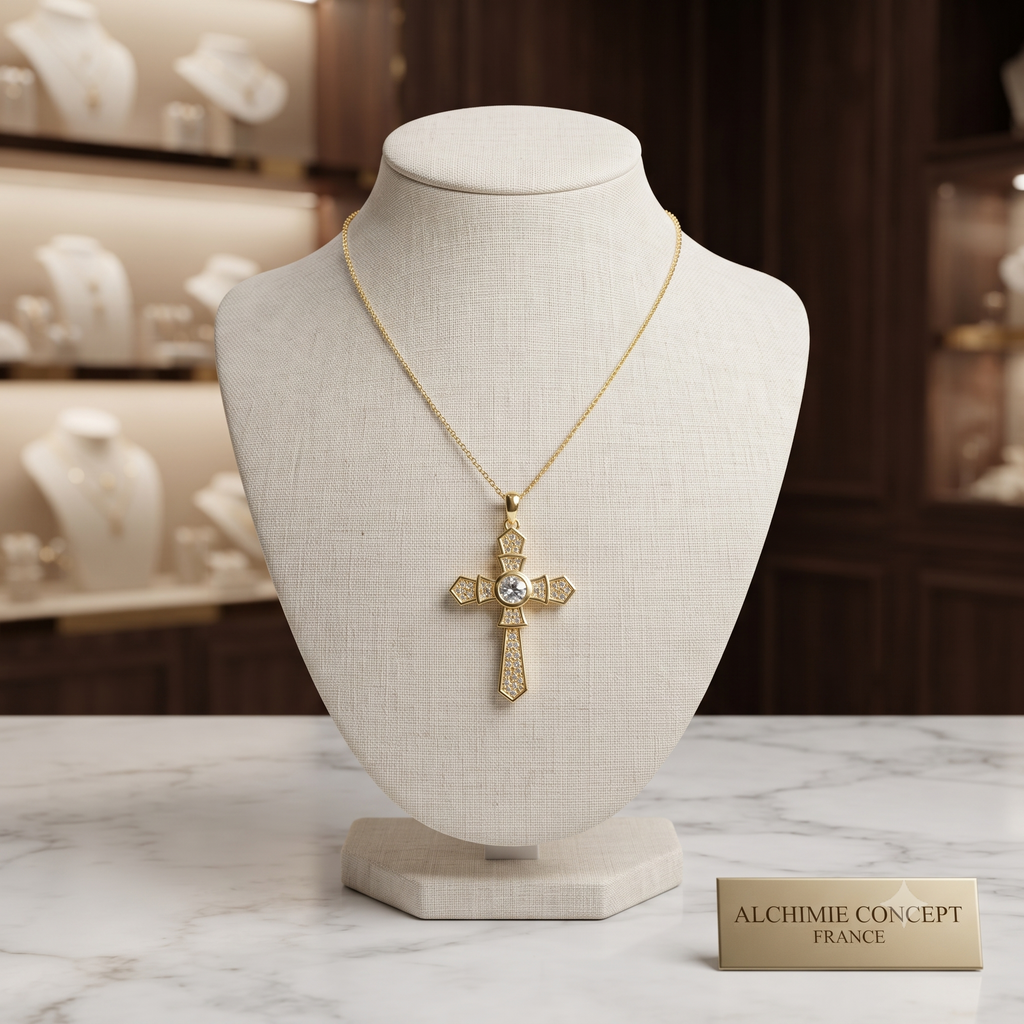 Collier Pendentif Croix Oxyde de Zirconium Blanc Doré – Plaqué Or 1 Micron