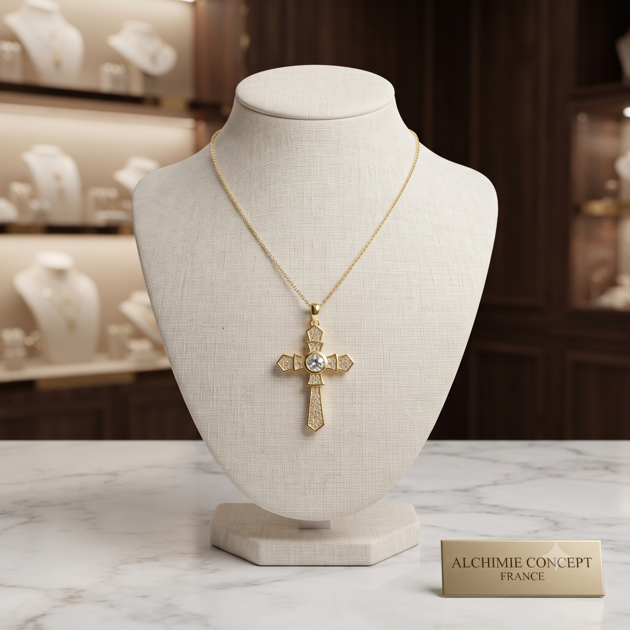 Collier Pendentif Croix Oxyde de Zirconium Blanc Doré – Plaqué Or 1 Micron