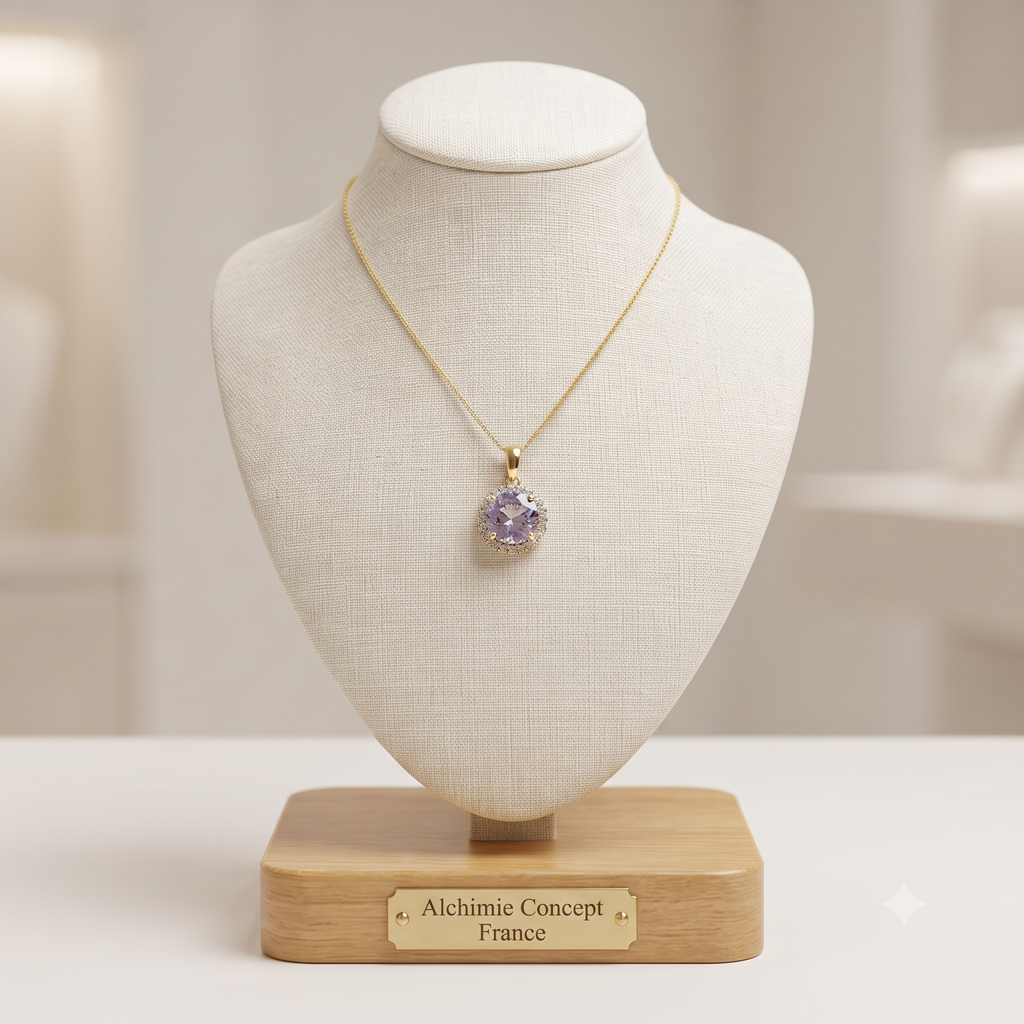 Collier Pendentif Oxyde Mauve Serti de Zirconiums Doré – Plaqué Or 1 Micron