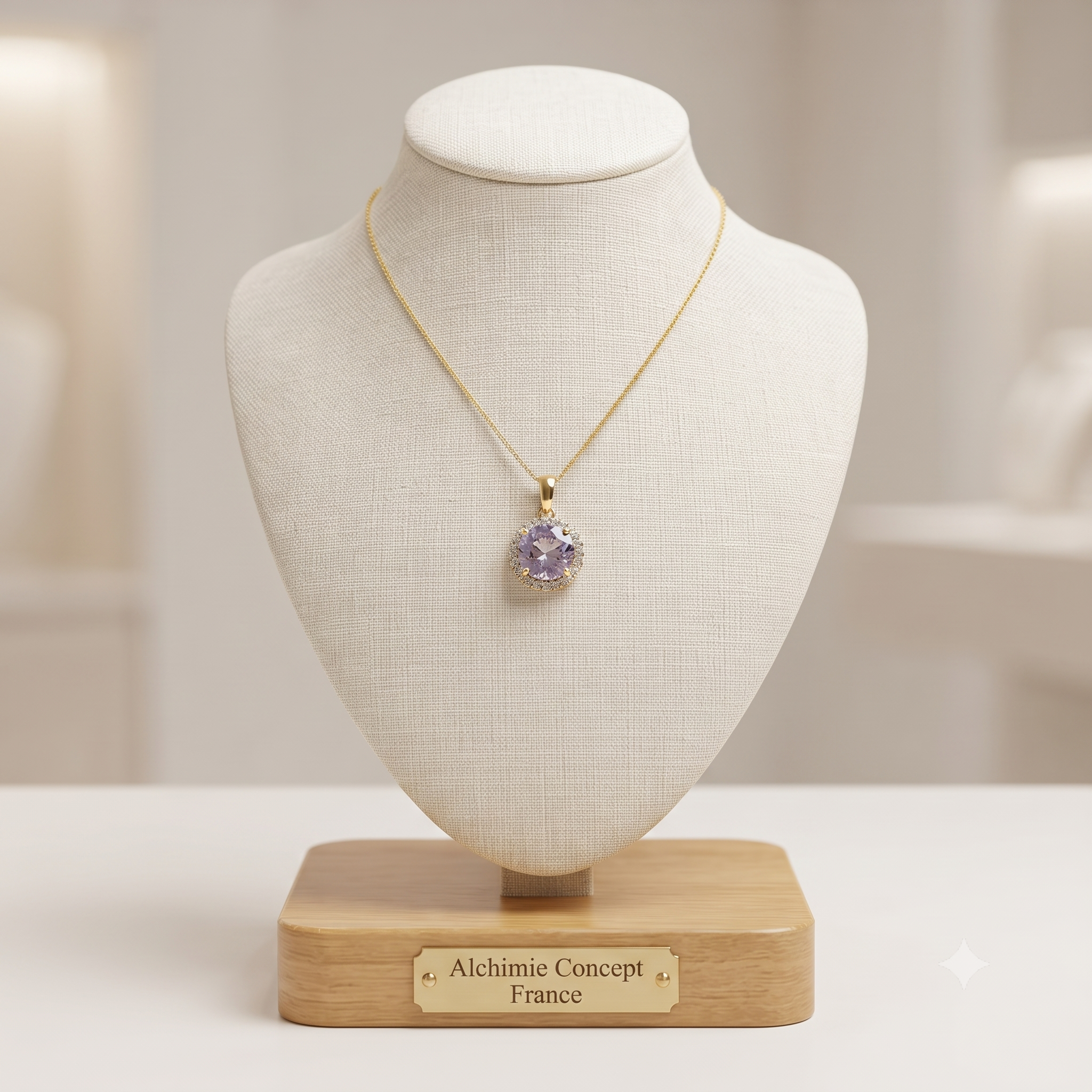 Collier Pendentif Oxyde Mauve Serti de Zirconiums Doré – Plaqué Or 1 Micron