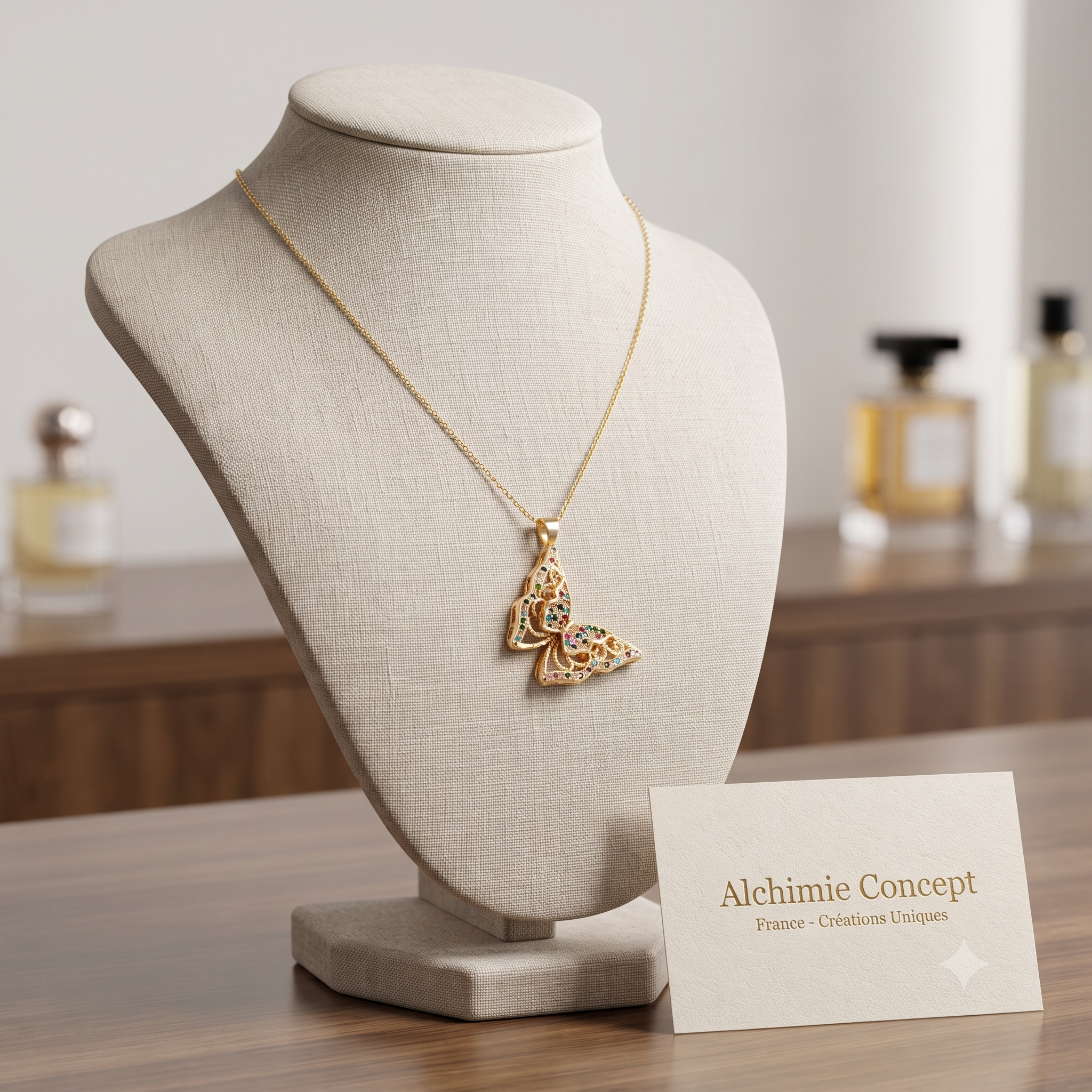 Collier Doré Pendentif Papillon – Zirconiums Colorés Sertis | Bijou Charme & Éclat