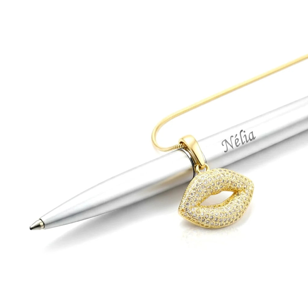 Collier Pendentif Bouche Serti de Zirconiums Étincelants Doré – Plaqué Or 1 Micron | Bijou Femme