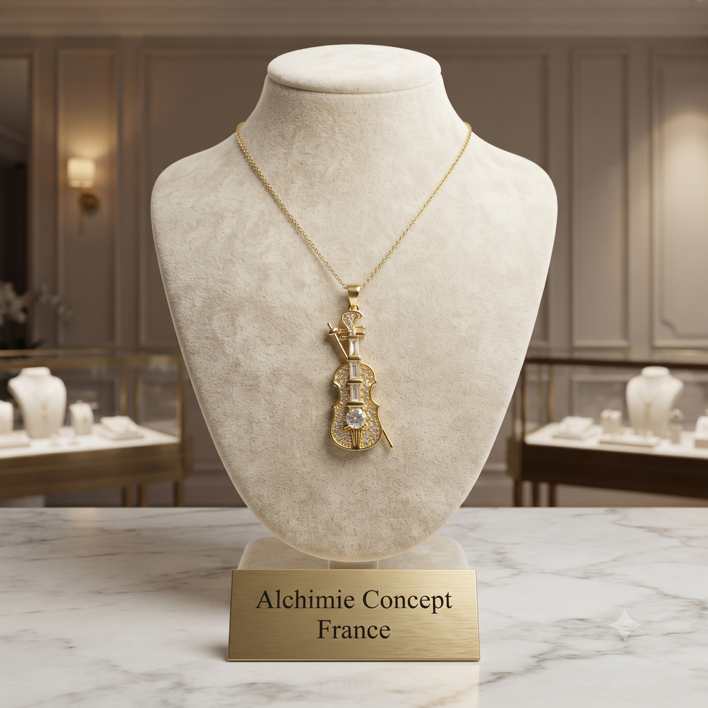 🎻 Collier Doré Pendentif Violon Zirconiums Blancs Sertis | Chaîne 45cm | Plaqué Or 1 Micron